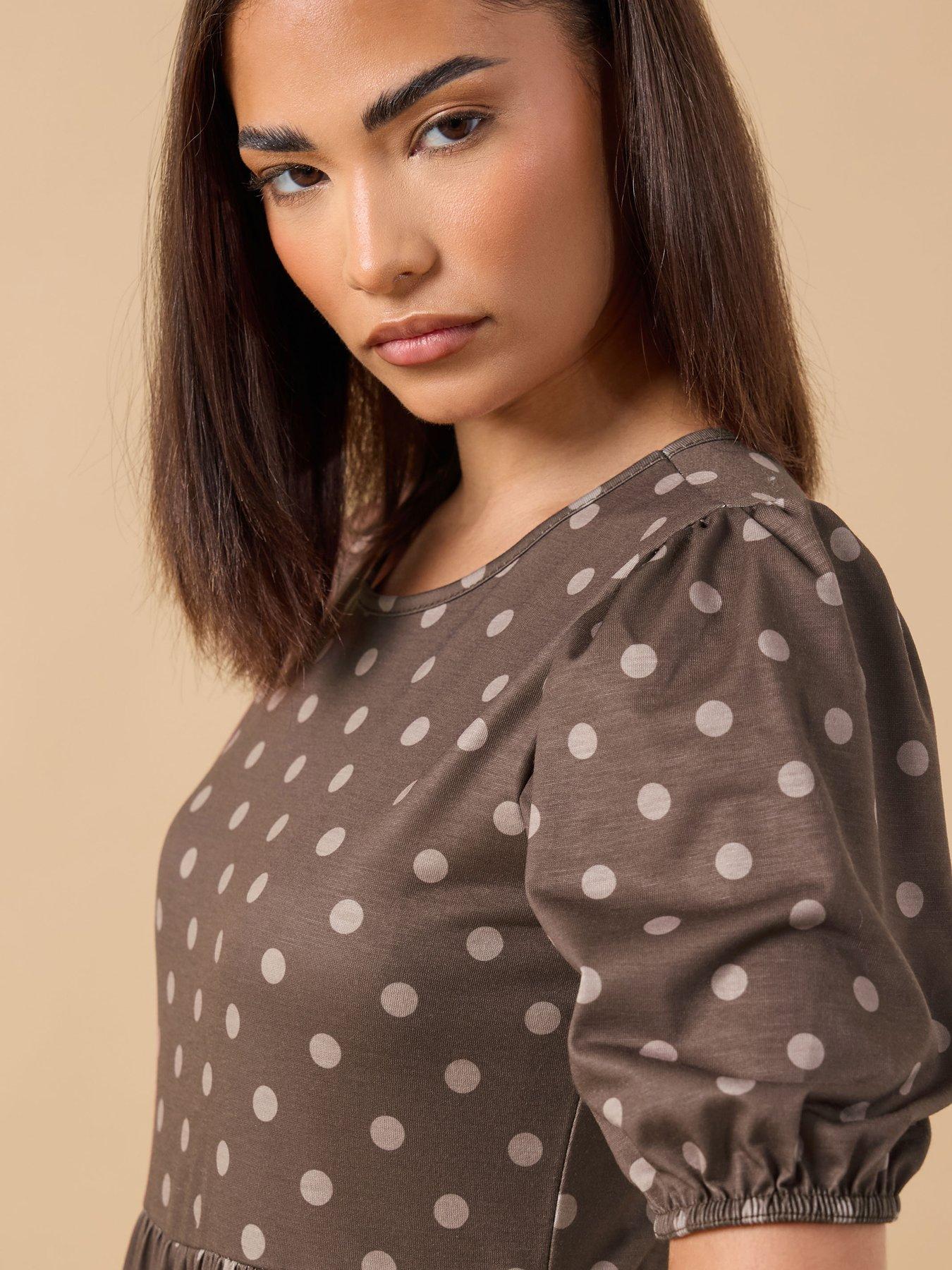  image of pixiegirl-petite-spot-tiered-midi-dress-brown