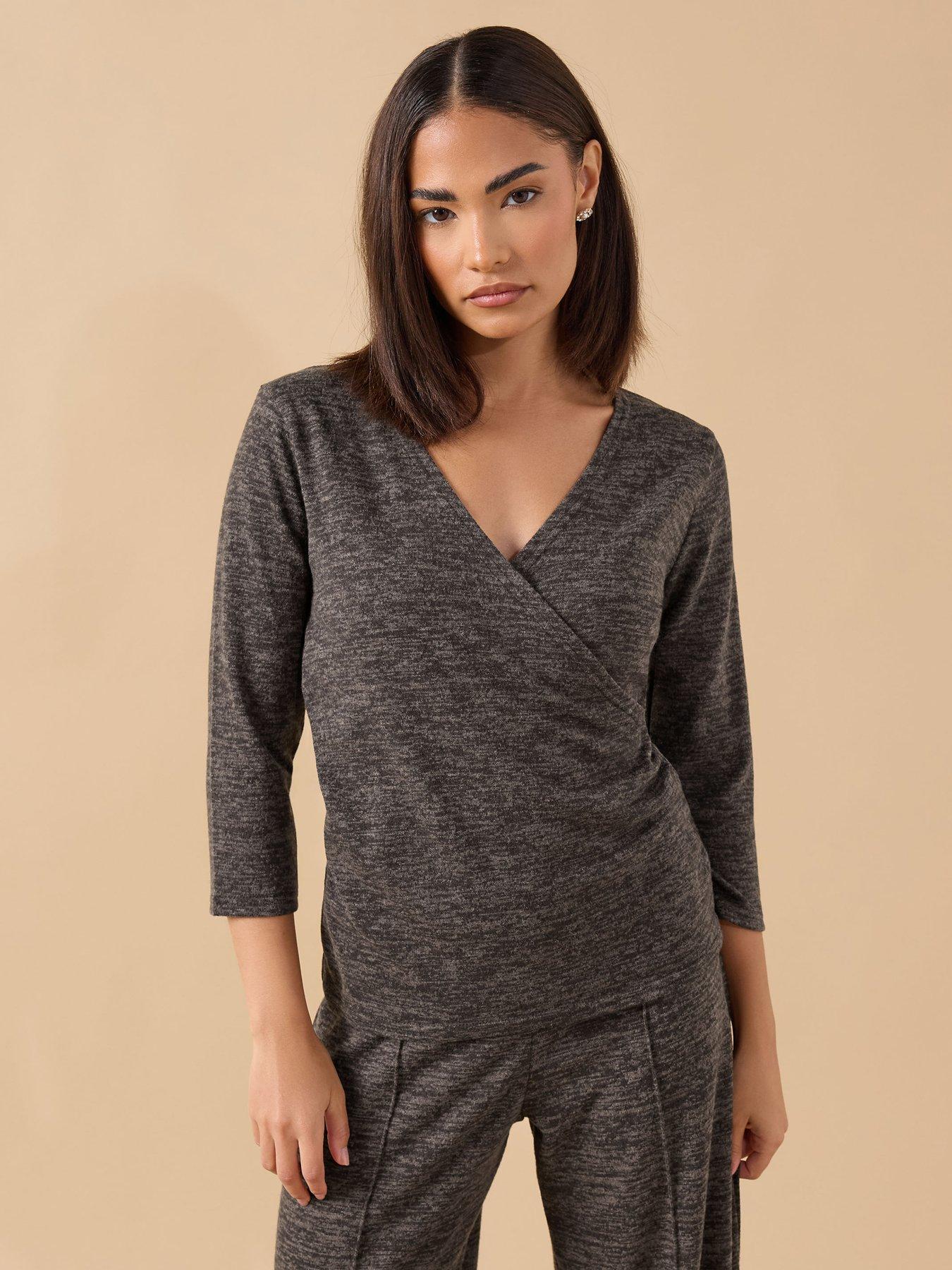  image of pixiegirl-petite-wrap-long-sleeve-top-brown