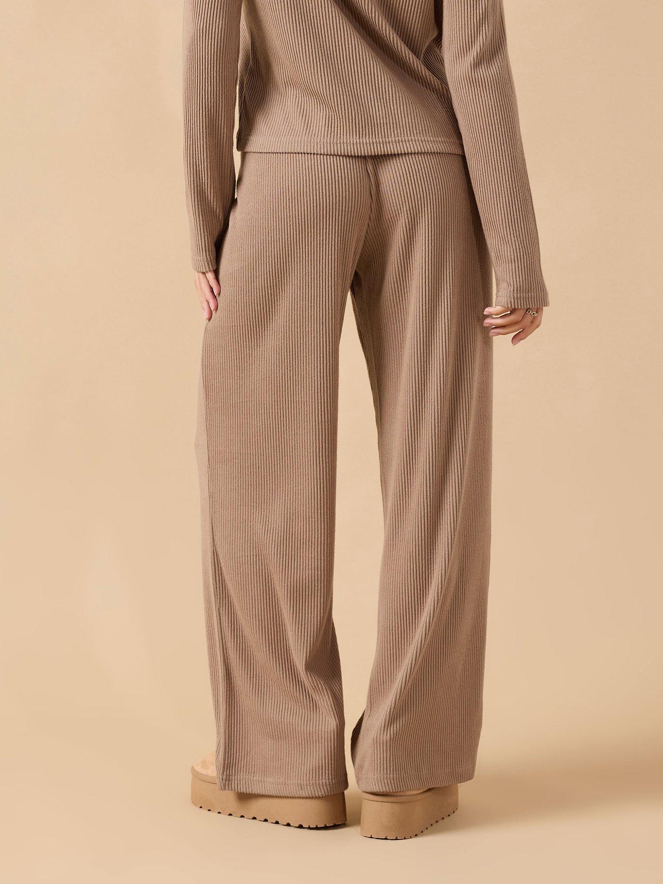 Image 2 of 5 of PixieGirl Petite Ribbed Wide Leg Lounge Trouser - Brown