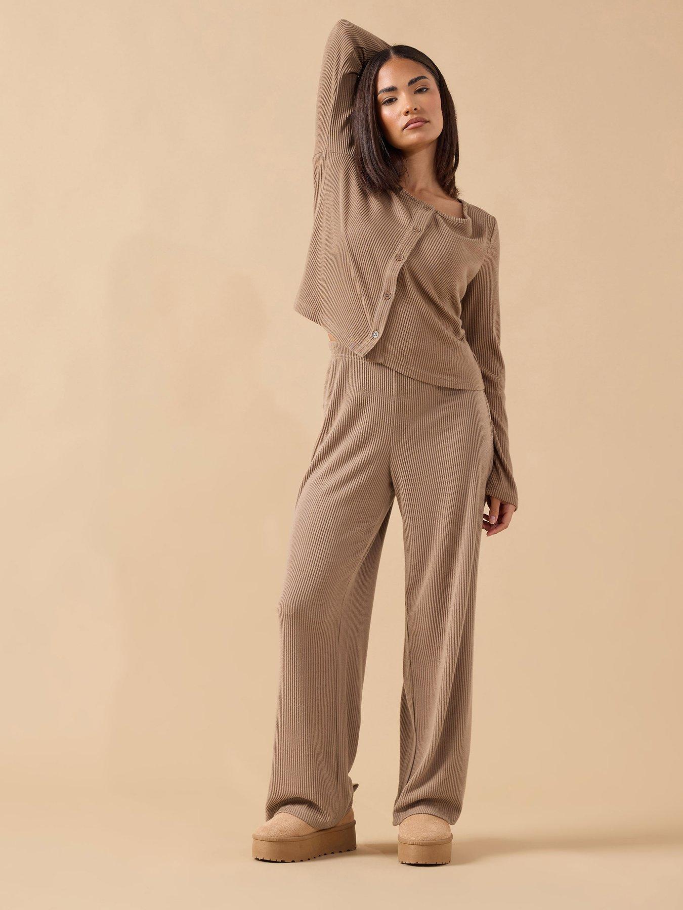 Image 3 of 5 of PixieGirl Petite Ribbed Wide Leg Lounge Trouser - Brown