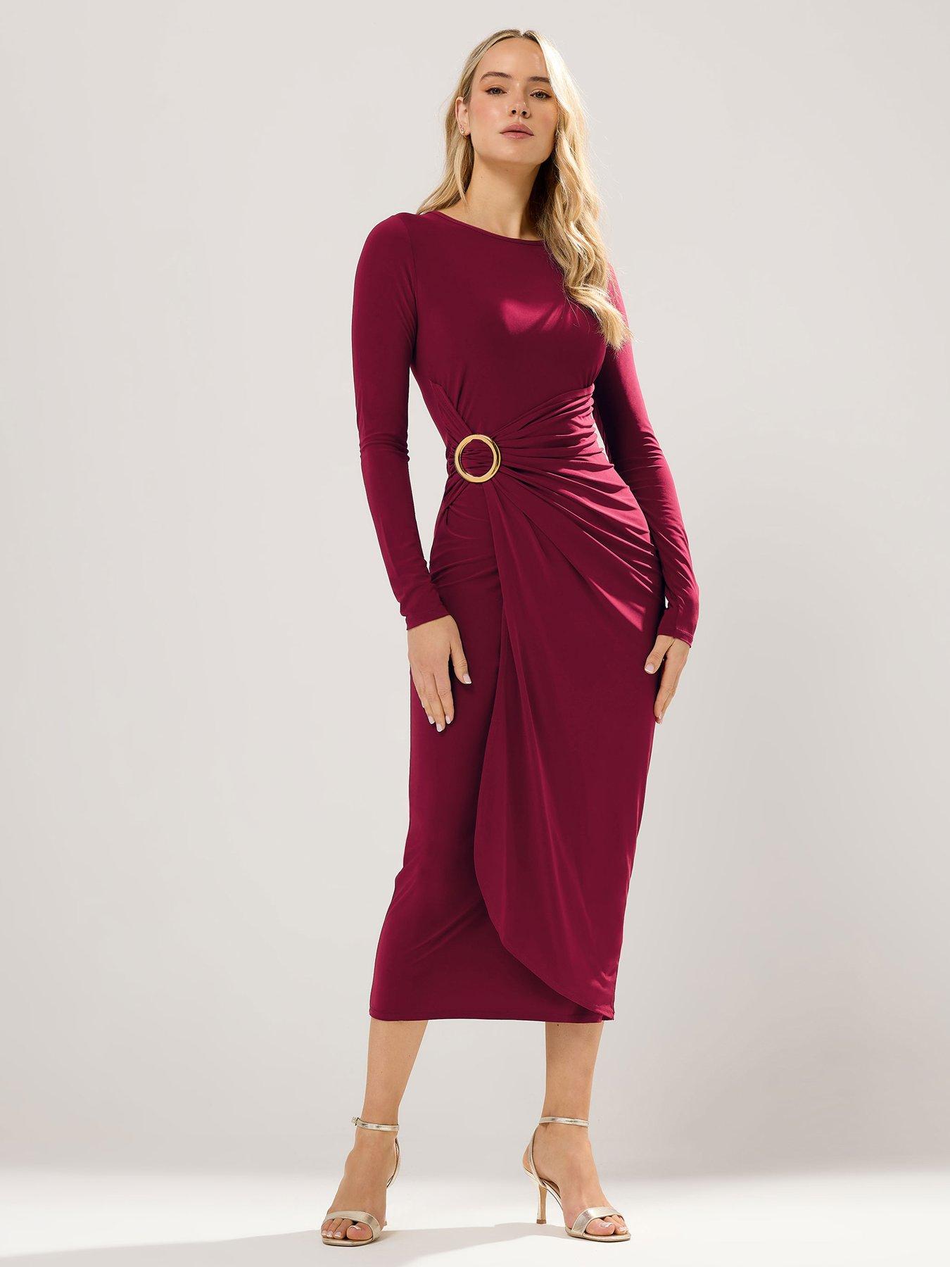 front image of long-tall-sally-sleeve-buckle-midaxi-dress-red
