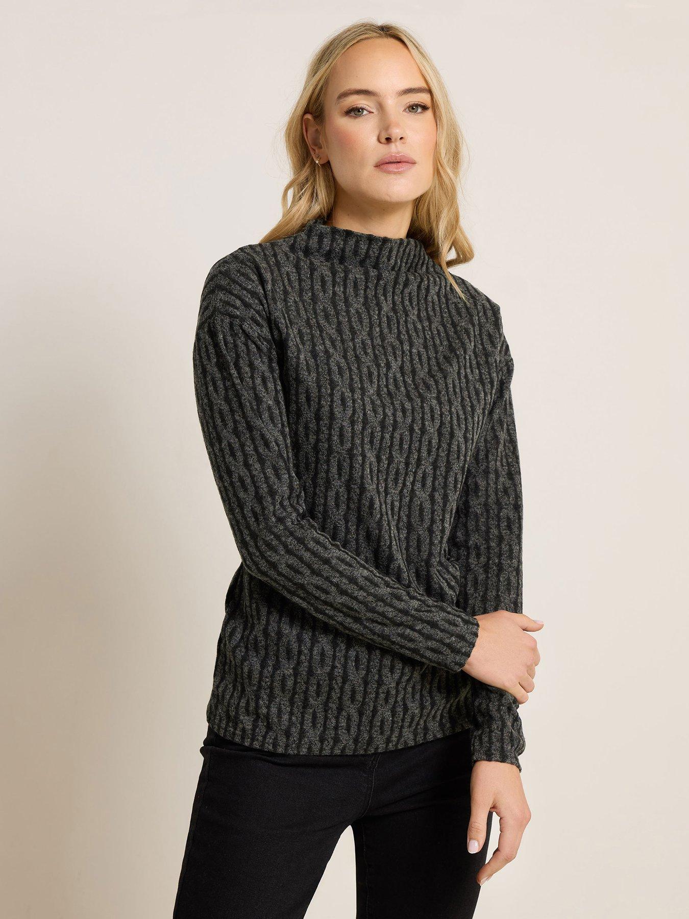 front image of long-tall-sally-cable-funnel-neck-top-grey
