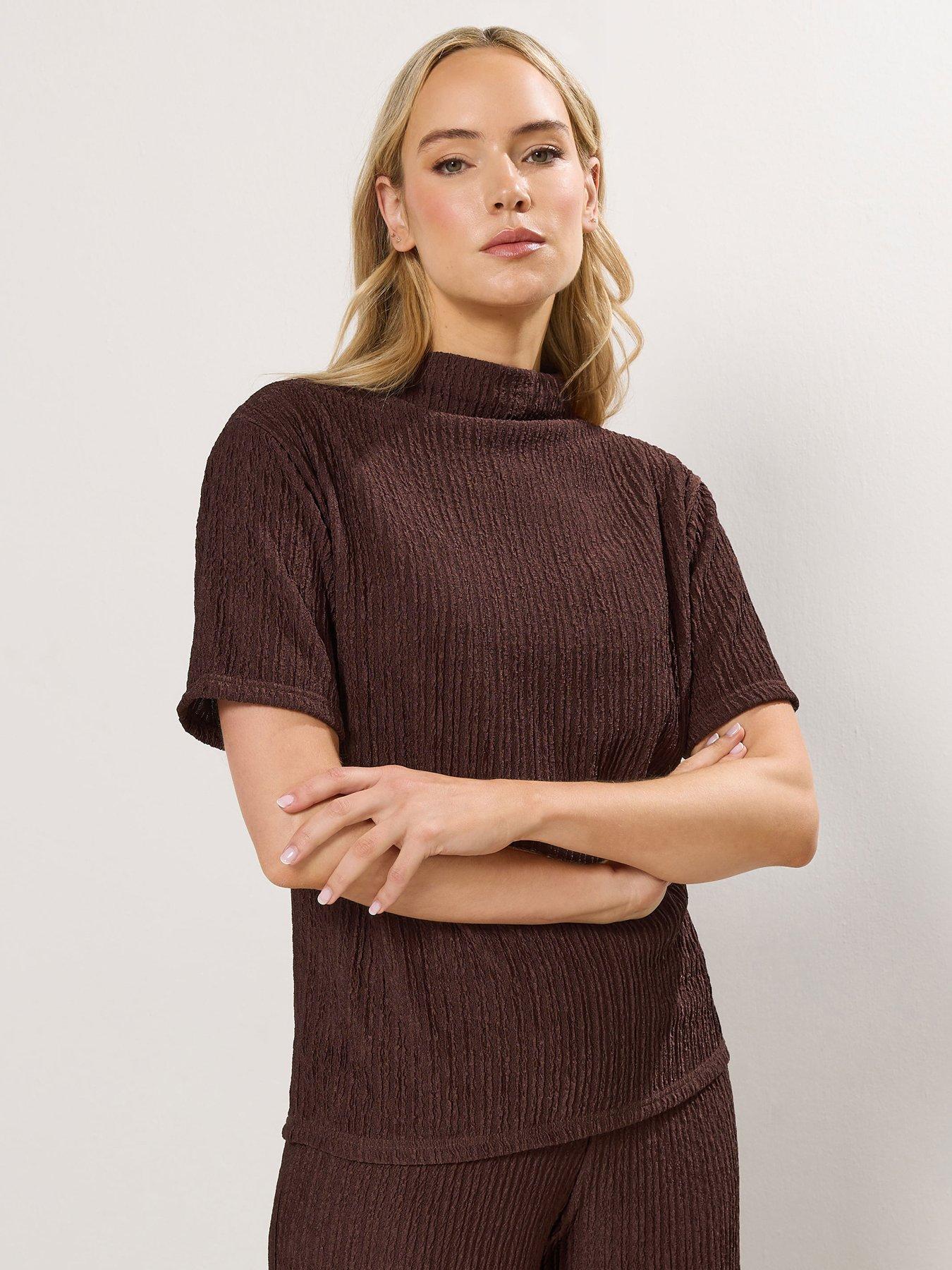 Long Tall Sally Textured Funnel Neck Top - Brown