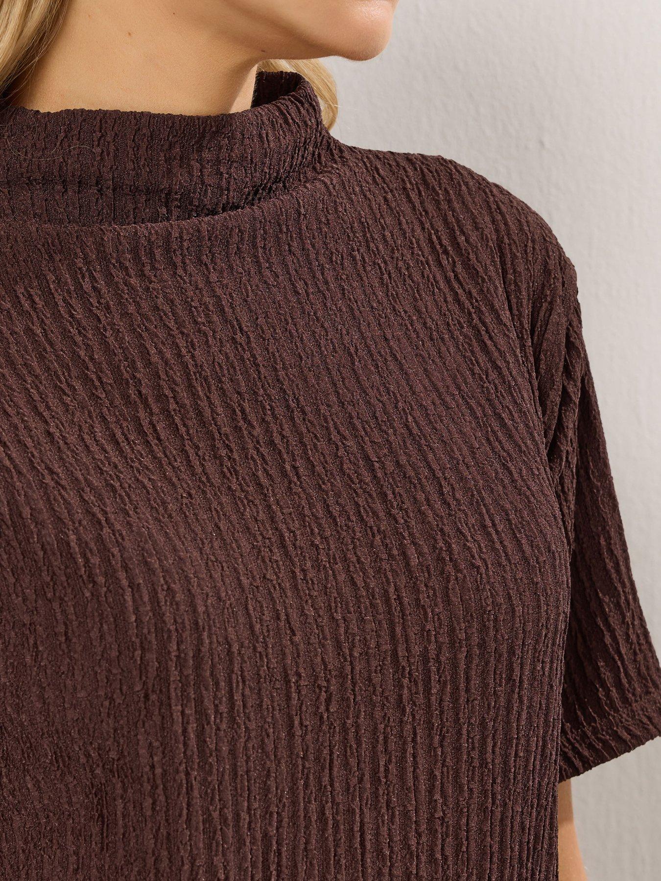  image of long-tall-sally-textured-funnel-neck-top-brown