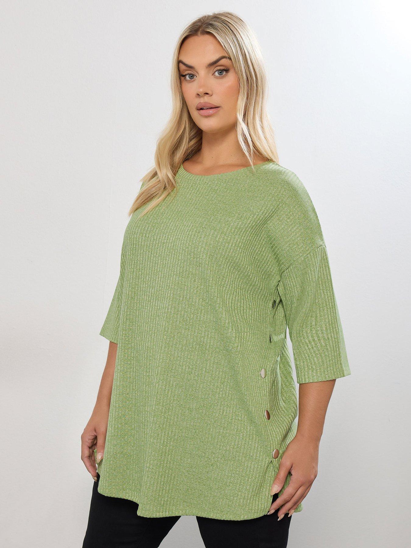 Image 1 of 4 of Yours Curve Side Button Ribbed Top - Green