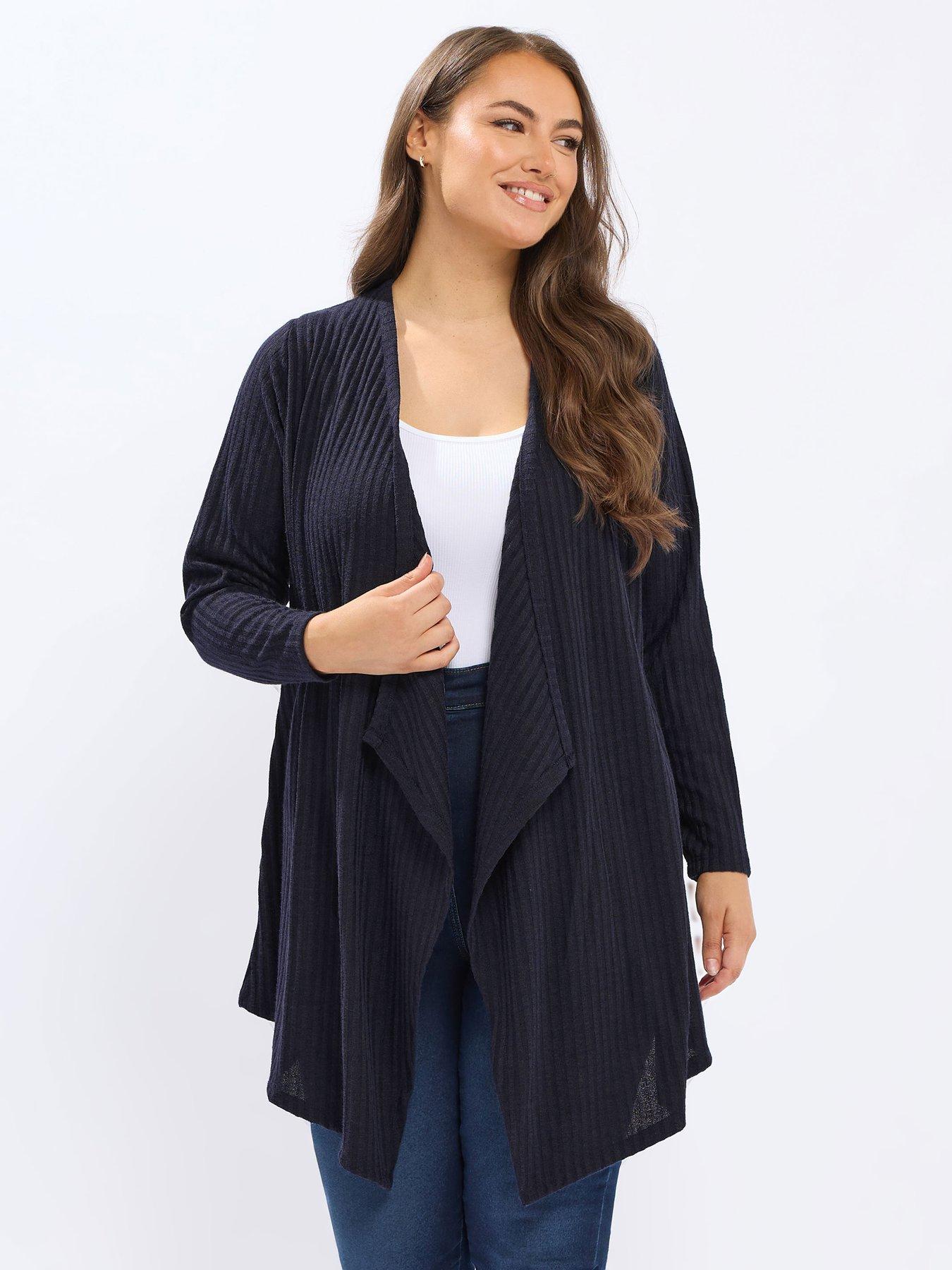 Yours Curve Waterfall Ribbed Cardigan Top - Blue