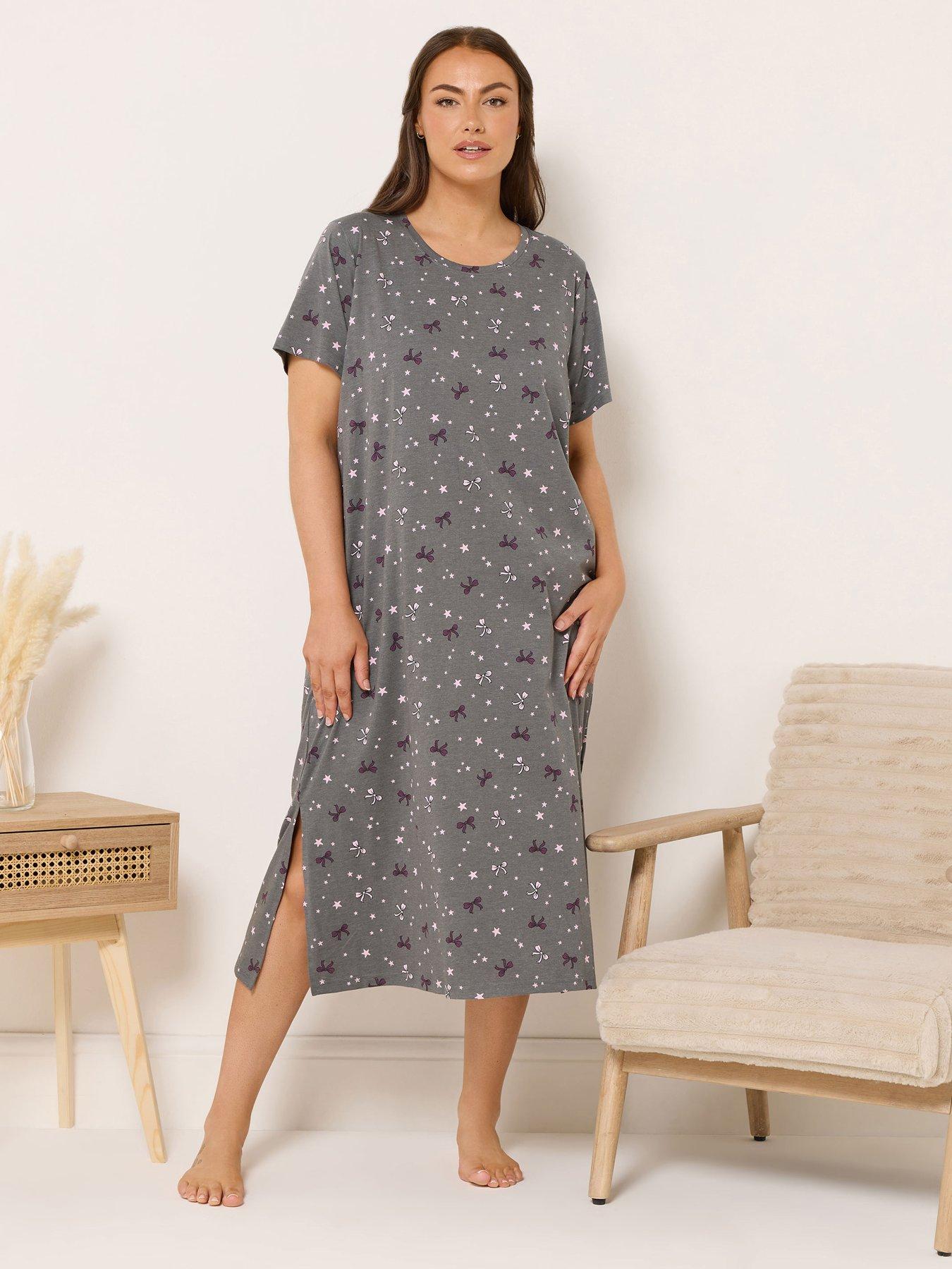  image of yours-curve-pink-bows-midaxi-nightdress-grey