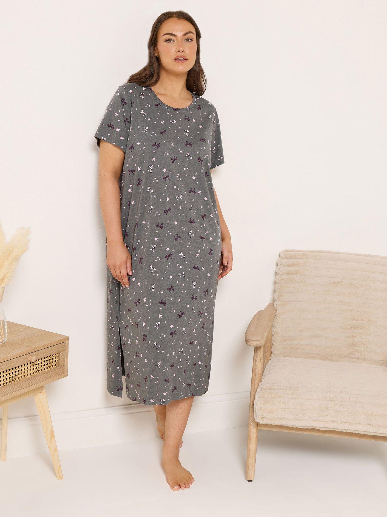  image of yours-curve-pink-bows-midaxi-nightdress-grey