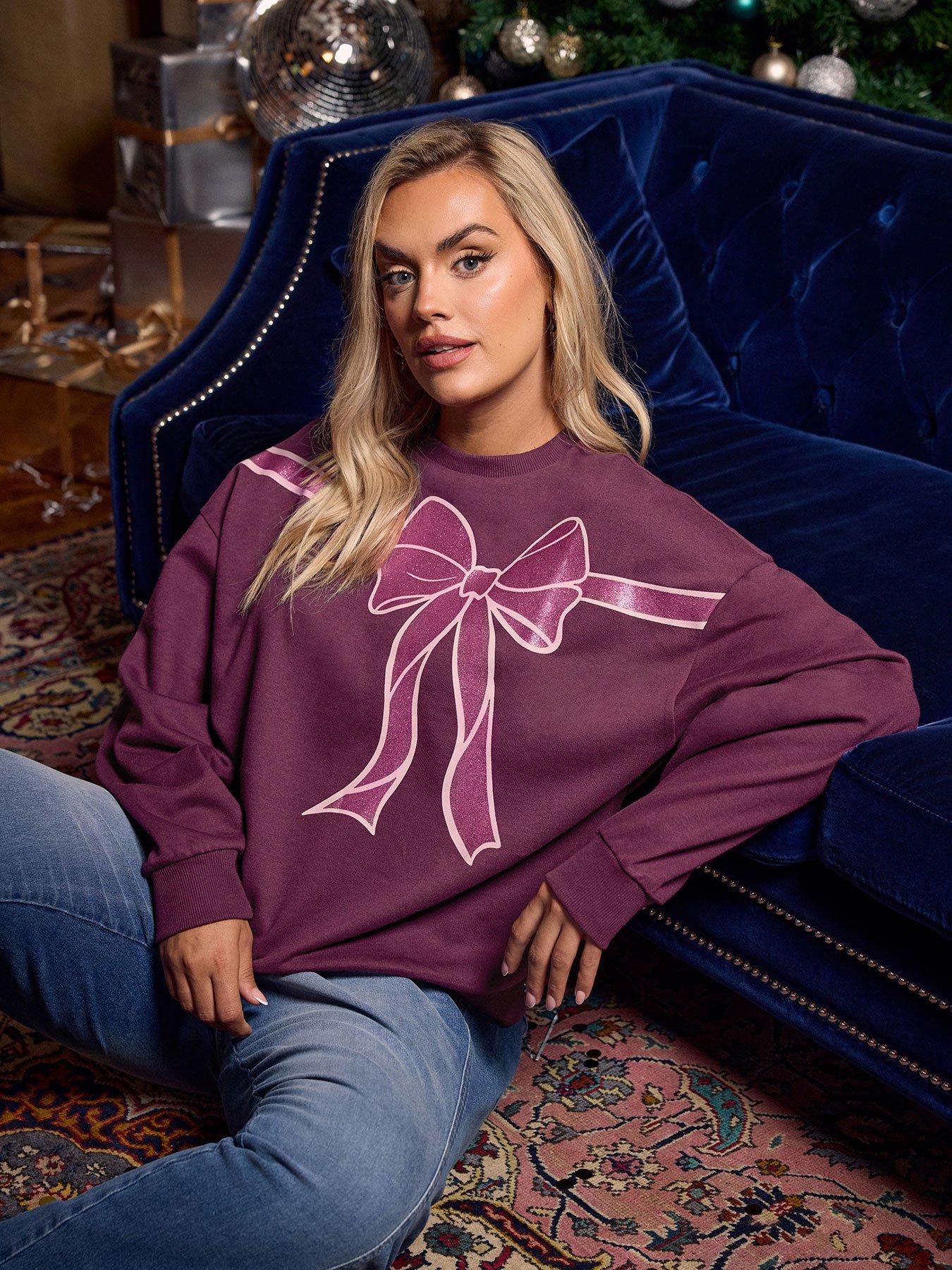 Yours Curve Glitter Bow Novelty Sweatshirt - Red