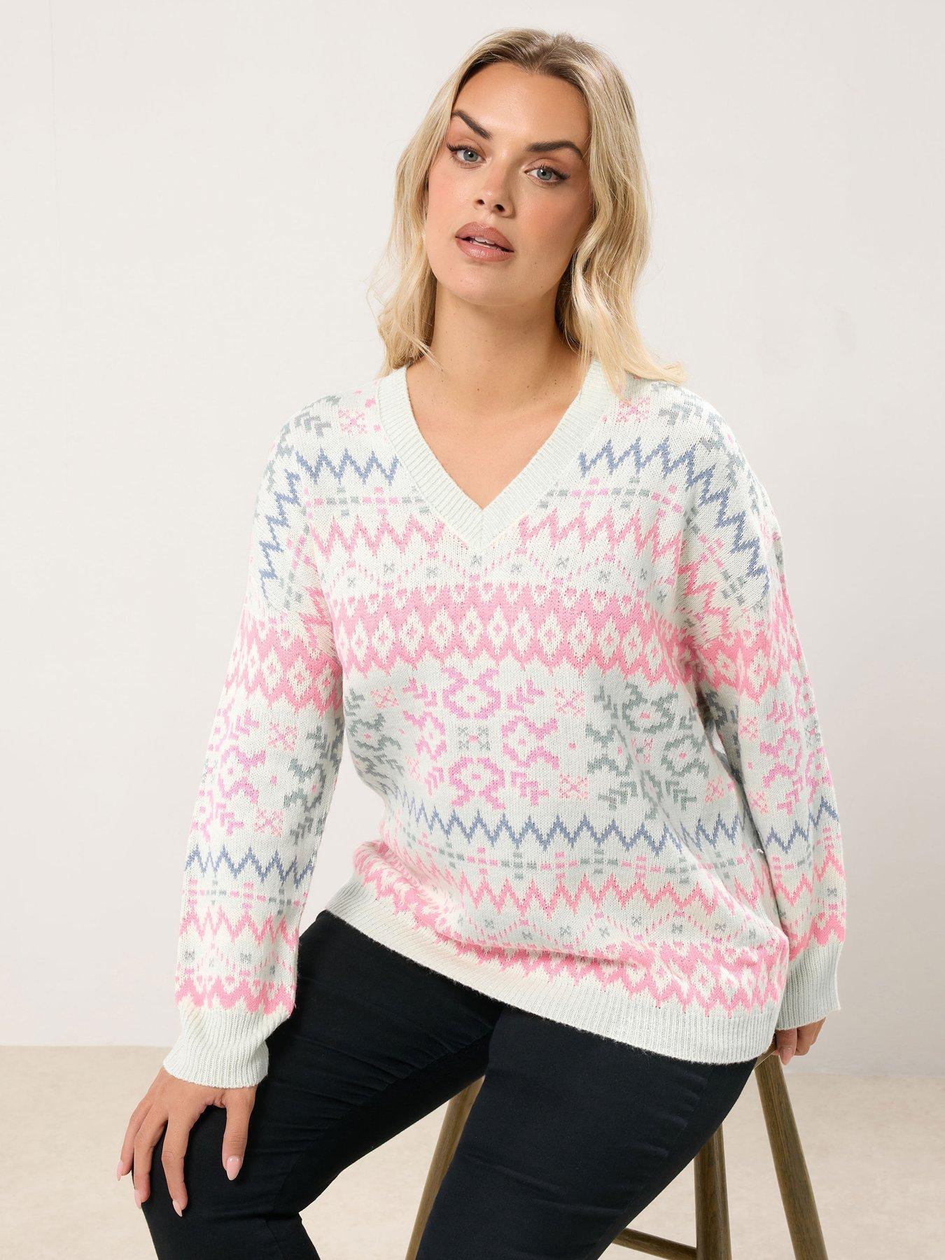 front image of yours-curve-soft-fairisle-v-neck-jumper-white