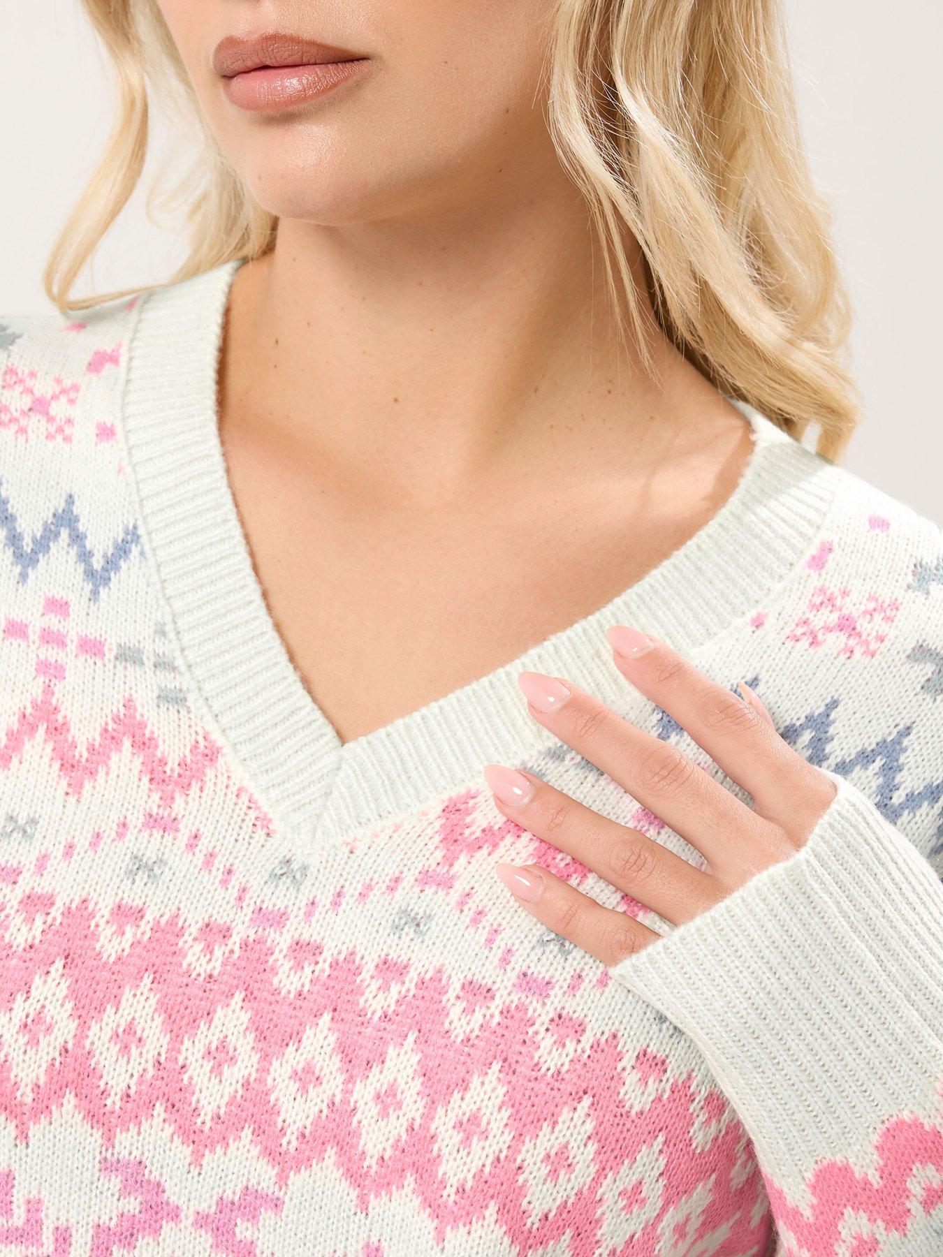  image of yours-curve-soft-fairisle-v-neck-jumper-white
