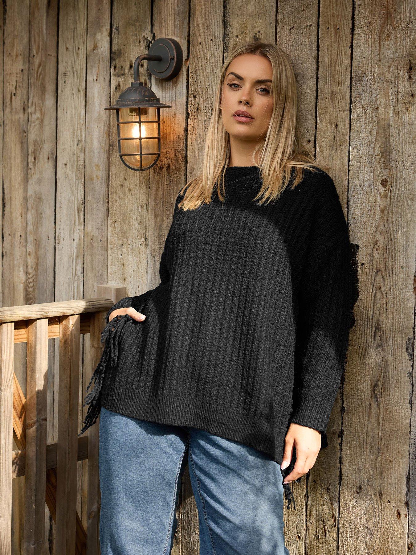 Image 1 of 4 of Yours Curve Fringed Tunic Jumper - Black