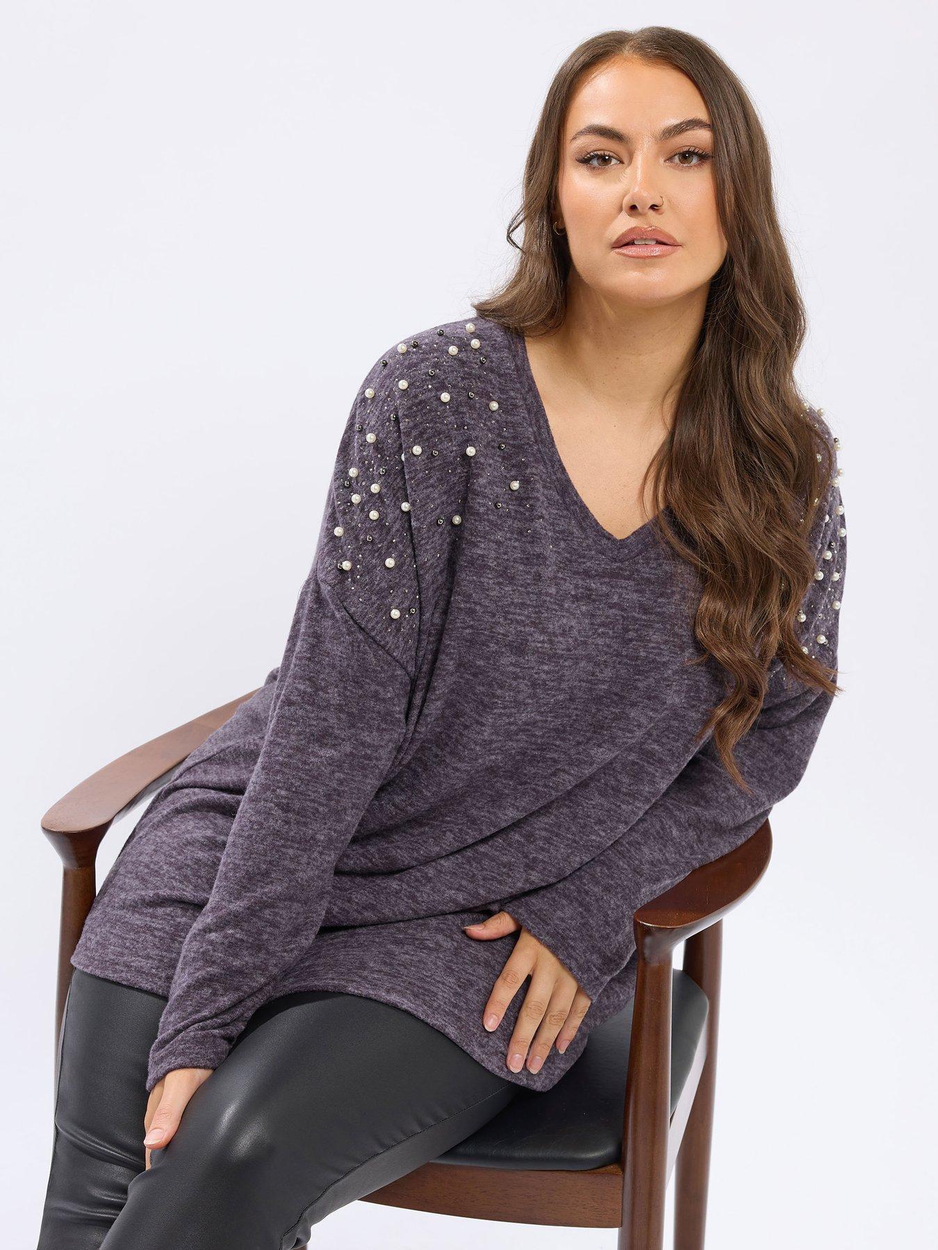 Yours Curve Drop Shoulder V Neck Jumper - Purple