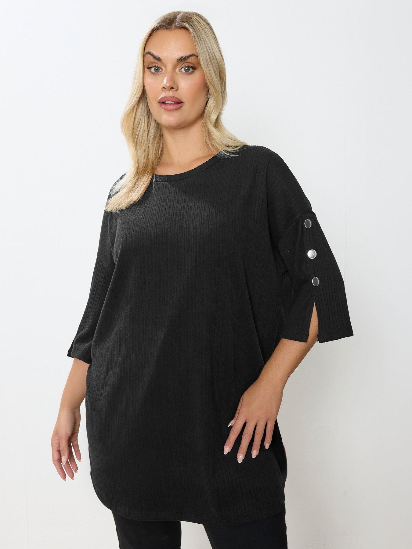 Yours Curve Ribbed Button Detail Top - Black
