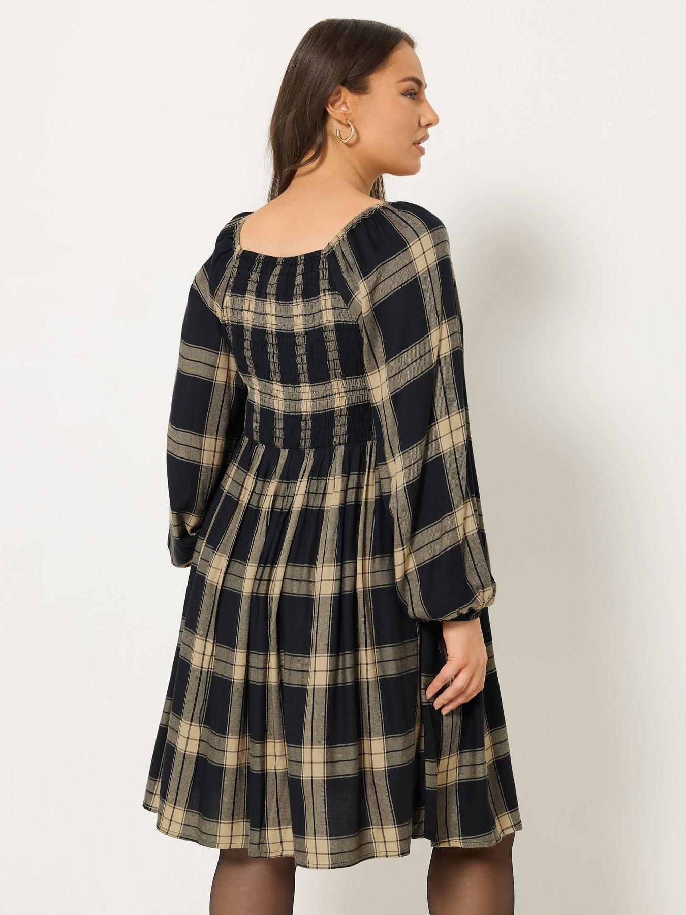 Image 2 of 4 of Yours Curve Check Shirred V Waist Dress - Black