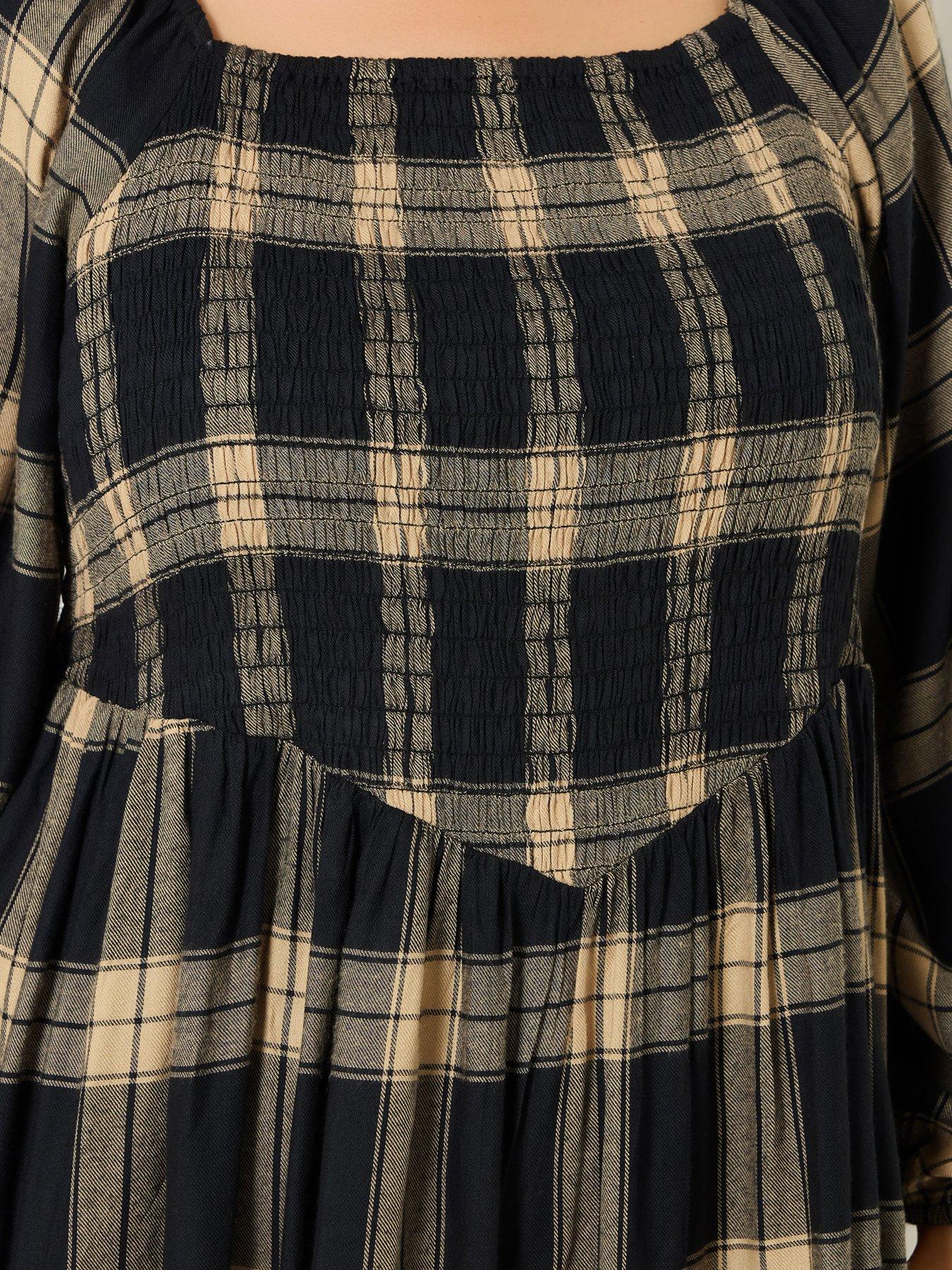 Image 4 of 4 of Yours Curve Check Shirred V Waist Dress - Black