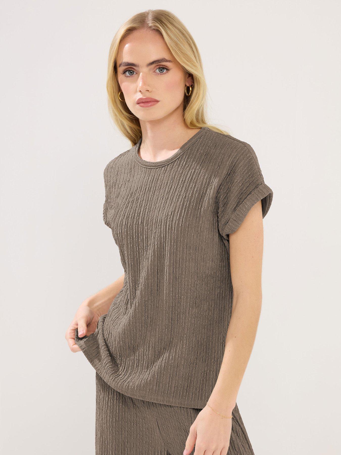 front image of pixiegirl-petite-short-sleeve-textured-top-brown
