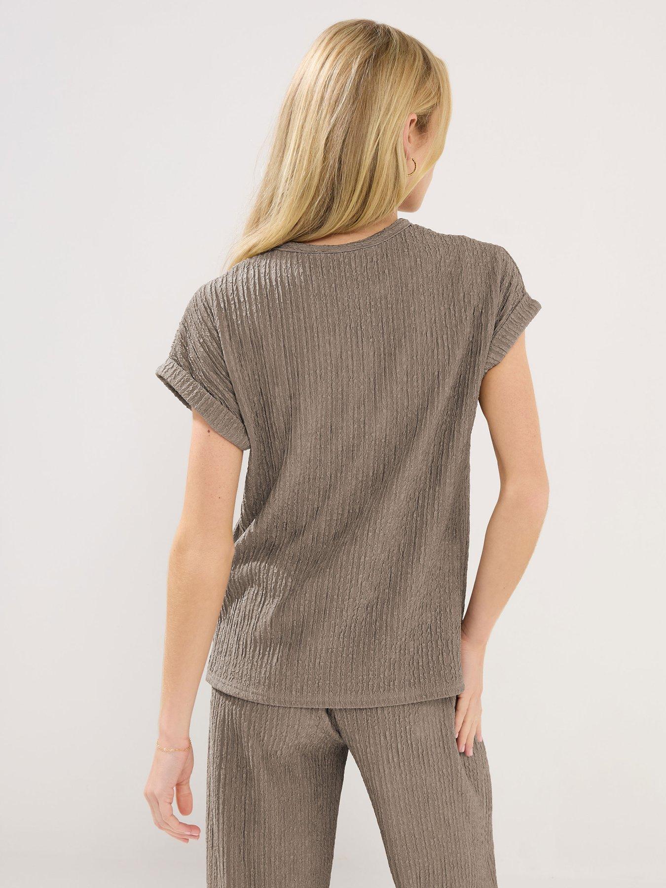 stillFront image of pixiegirl-petite-short-sleeve-textured-top-brown