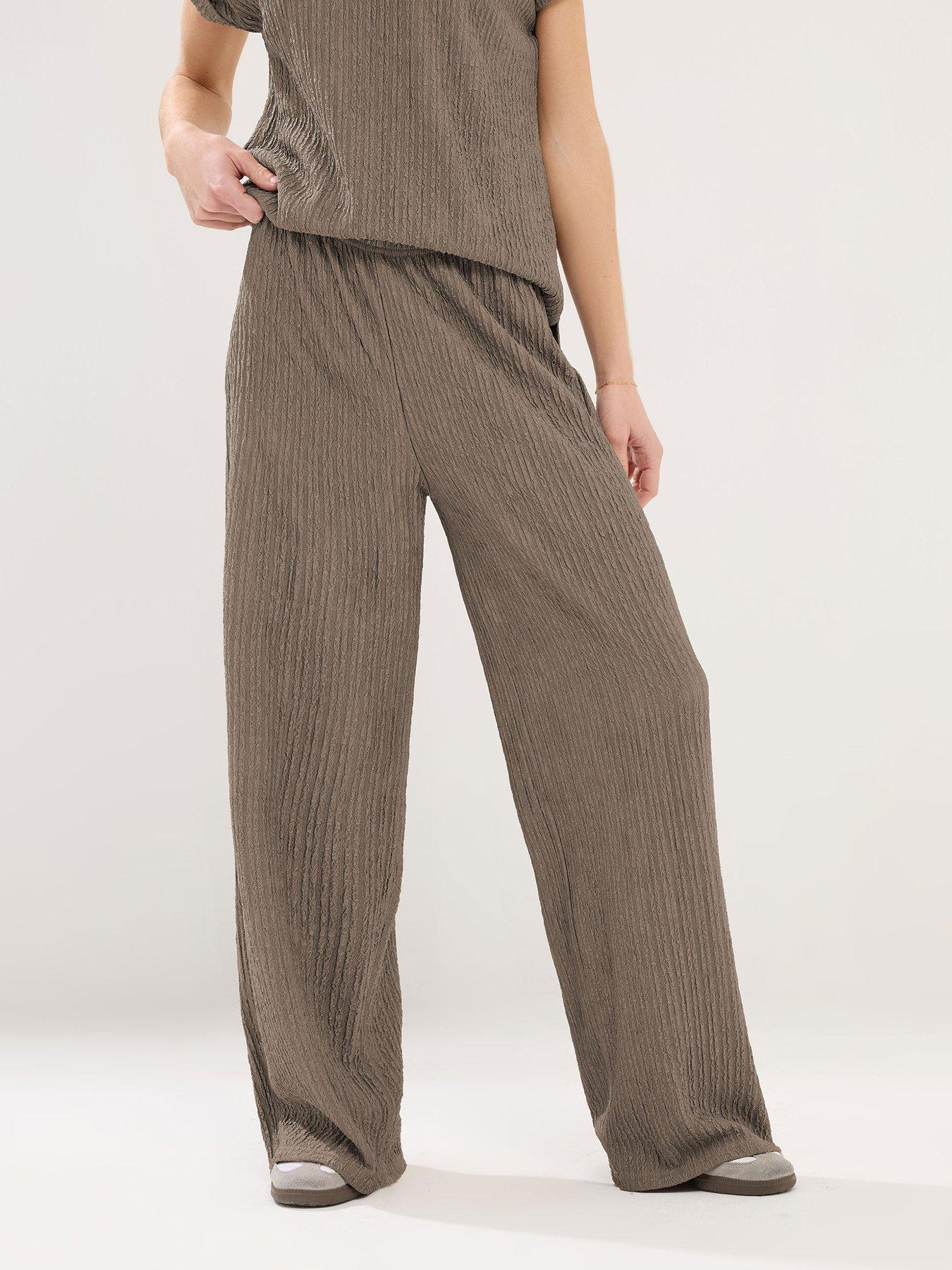  image of pixiegirl-petite-textured-wide-leg-trouser-brown