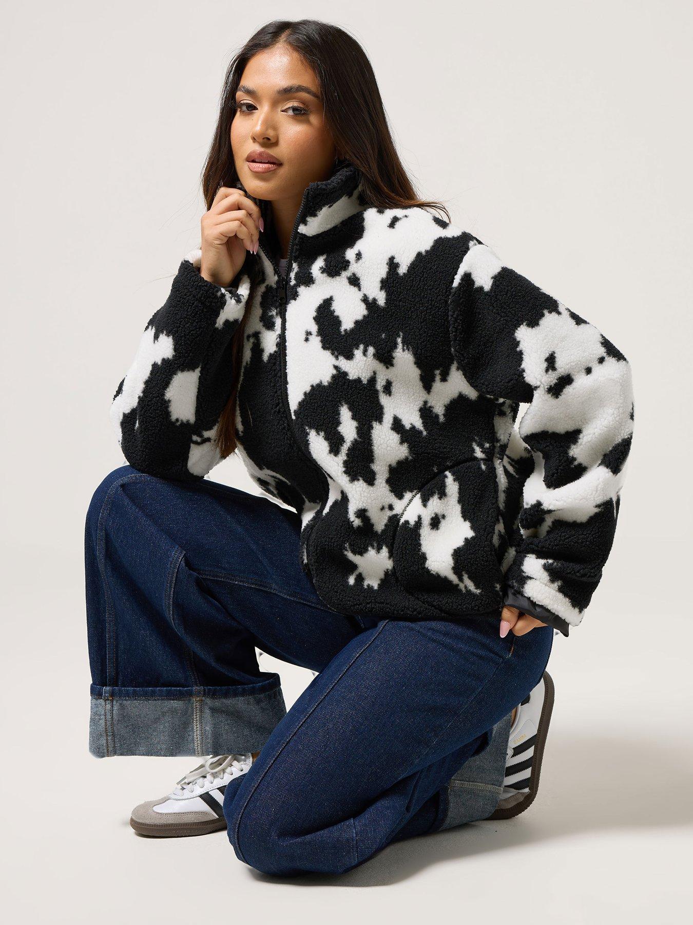  image of pixiegirl-petite-cow-print-zip-through-borg-jacket-black