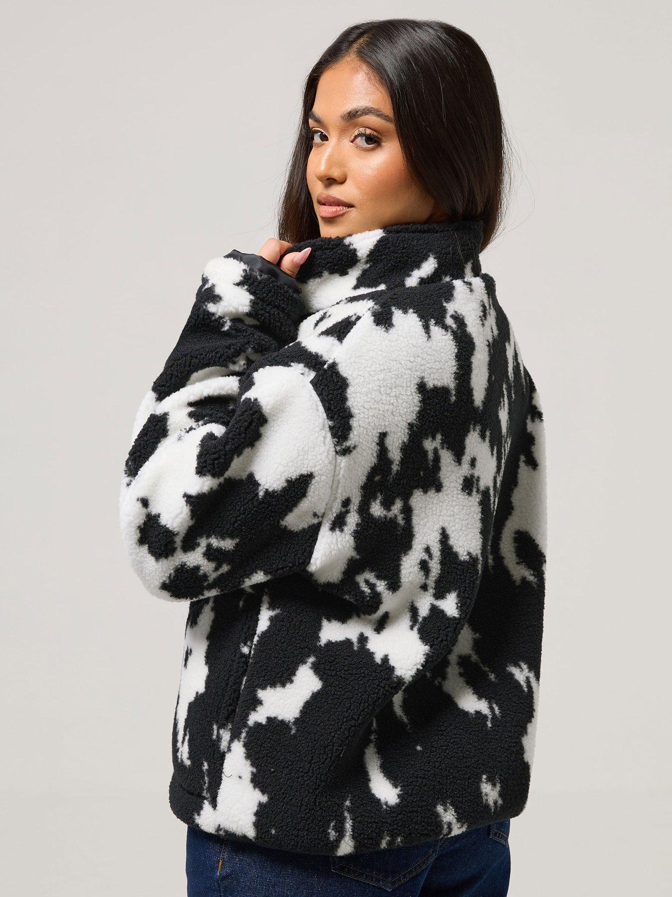  image of pixiegirl-petite-cow-print-zip-through-borg-jacket-black