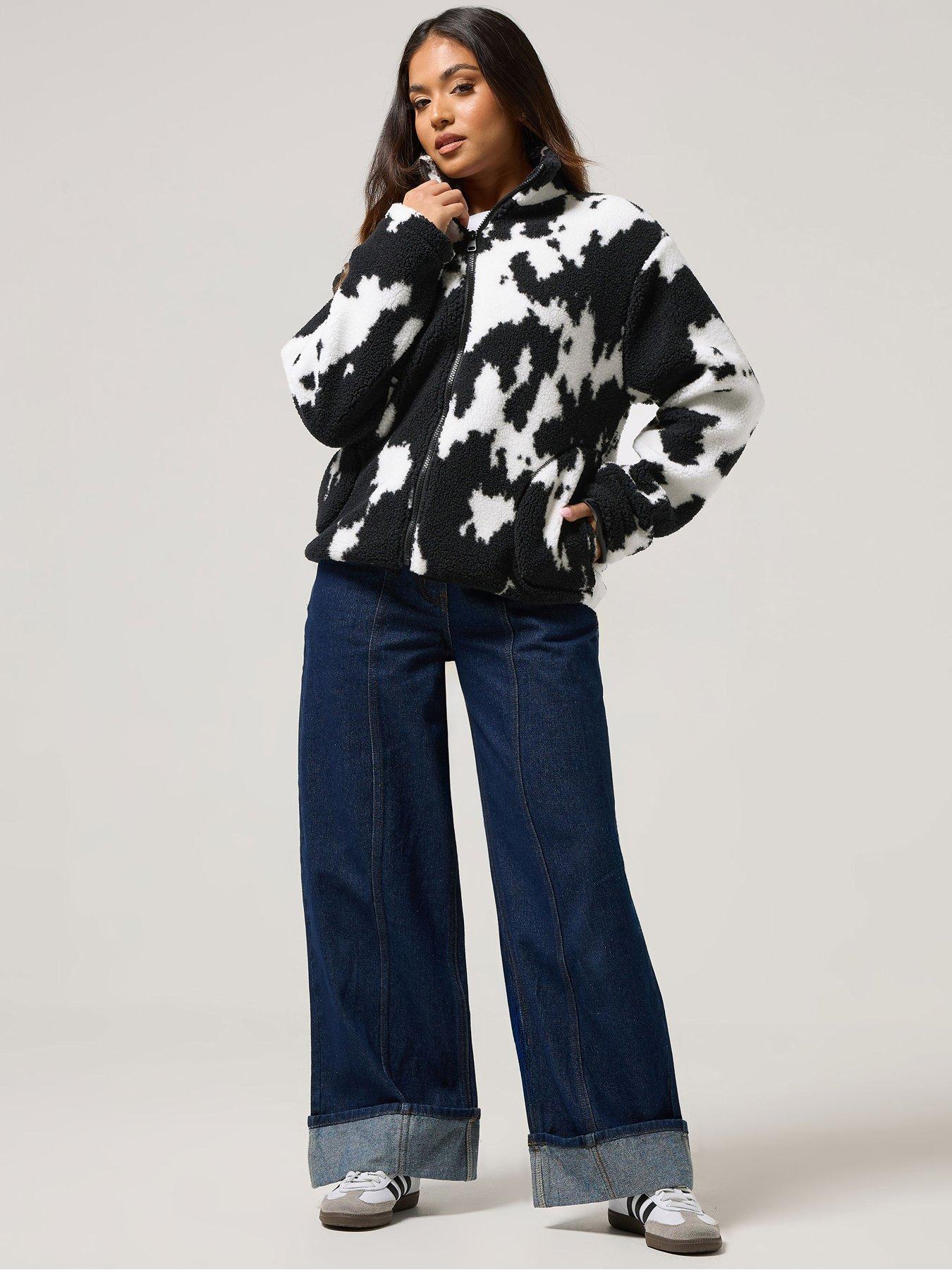  image of pixiegirl-petite-cow-print-zip-through-borg-jacket-black