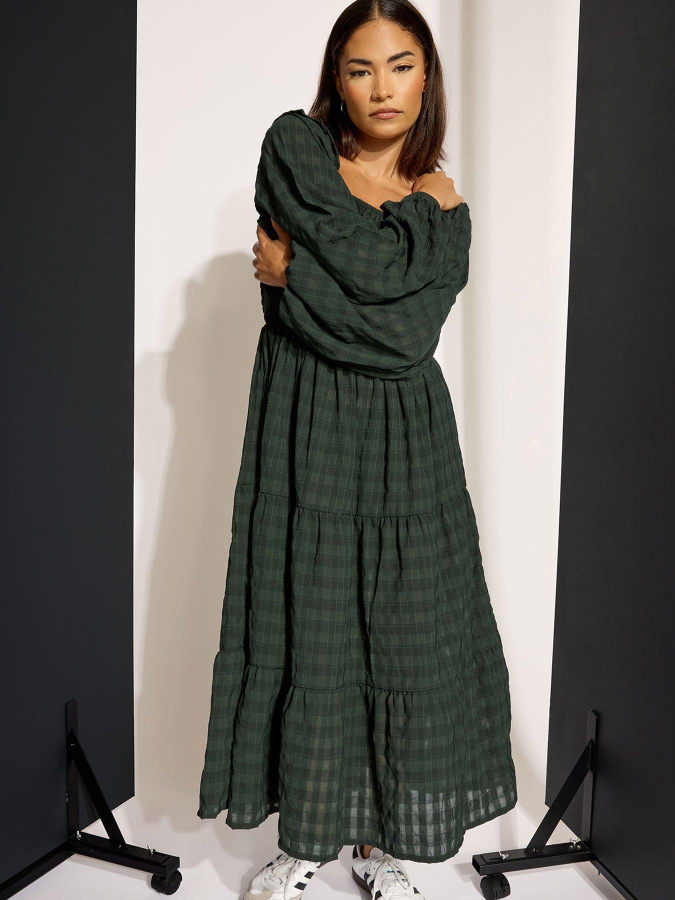  image of pixiegirl-petite-crinkle-check-long-sleeve-dress-green