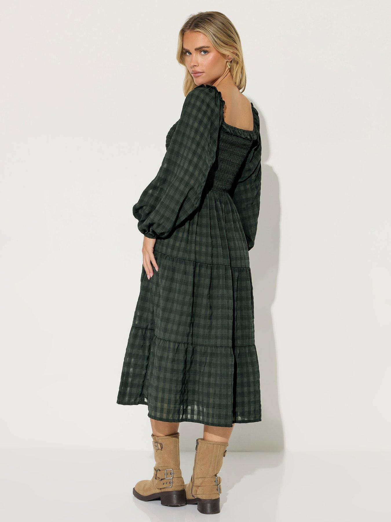  image of pixiegirl-petite-crinkle-check-long-sleeve-dress-green