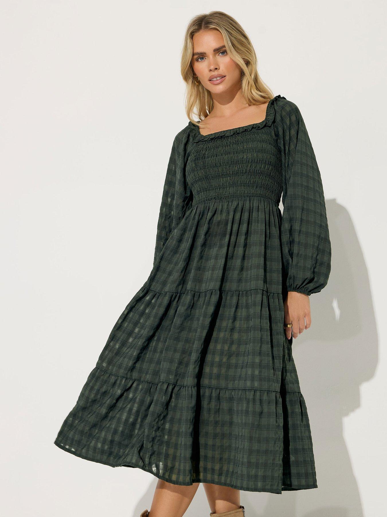  image of pixiegirl-petite-crinkle-check-long-sleeve-dress-green