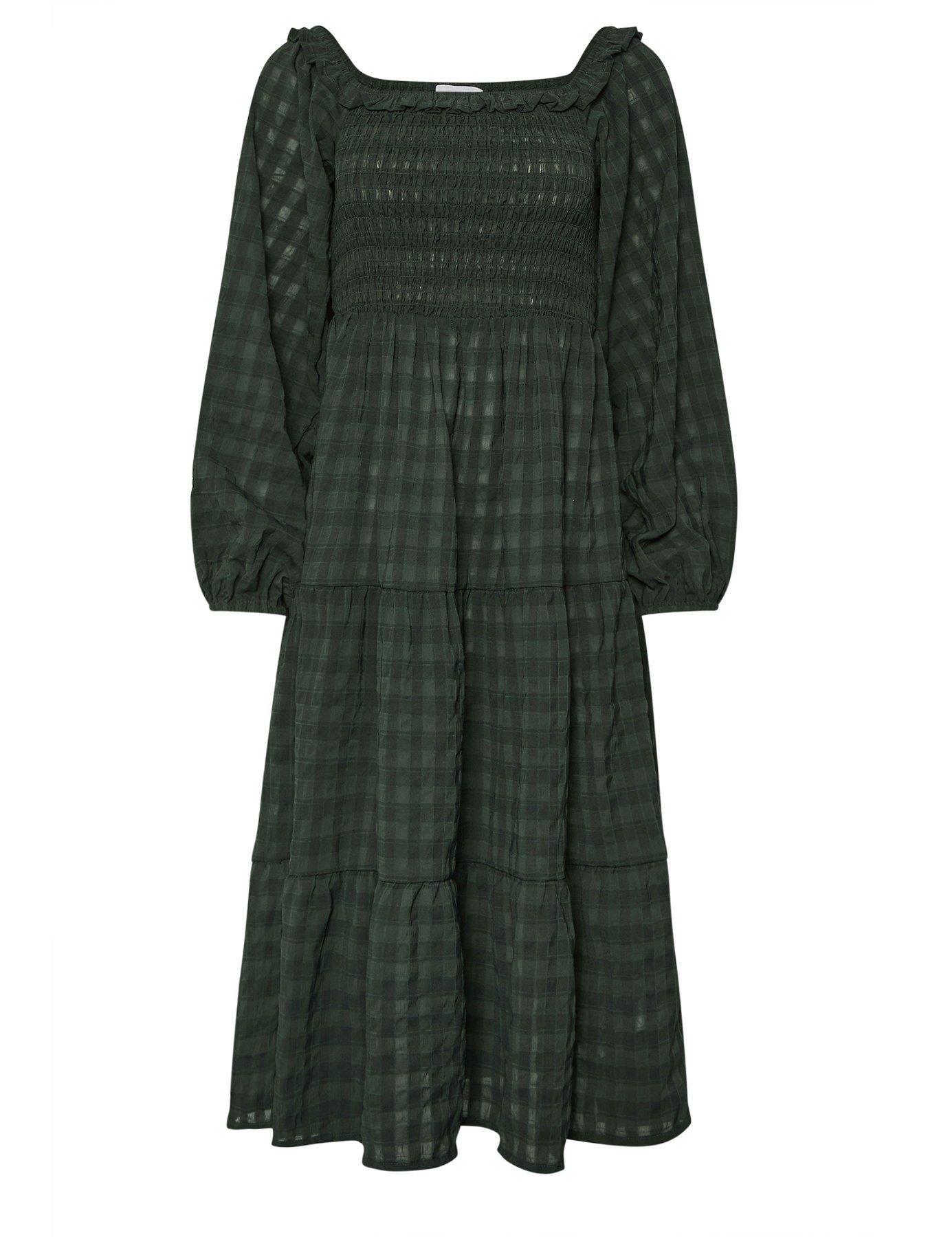  image of pixiegirl-petite-crinkle-check-long-sleeve-dress-green