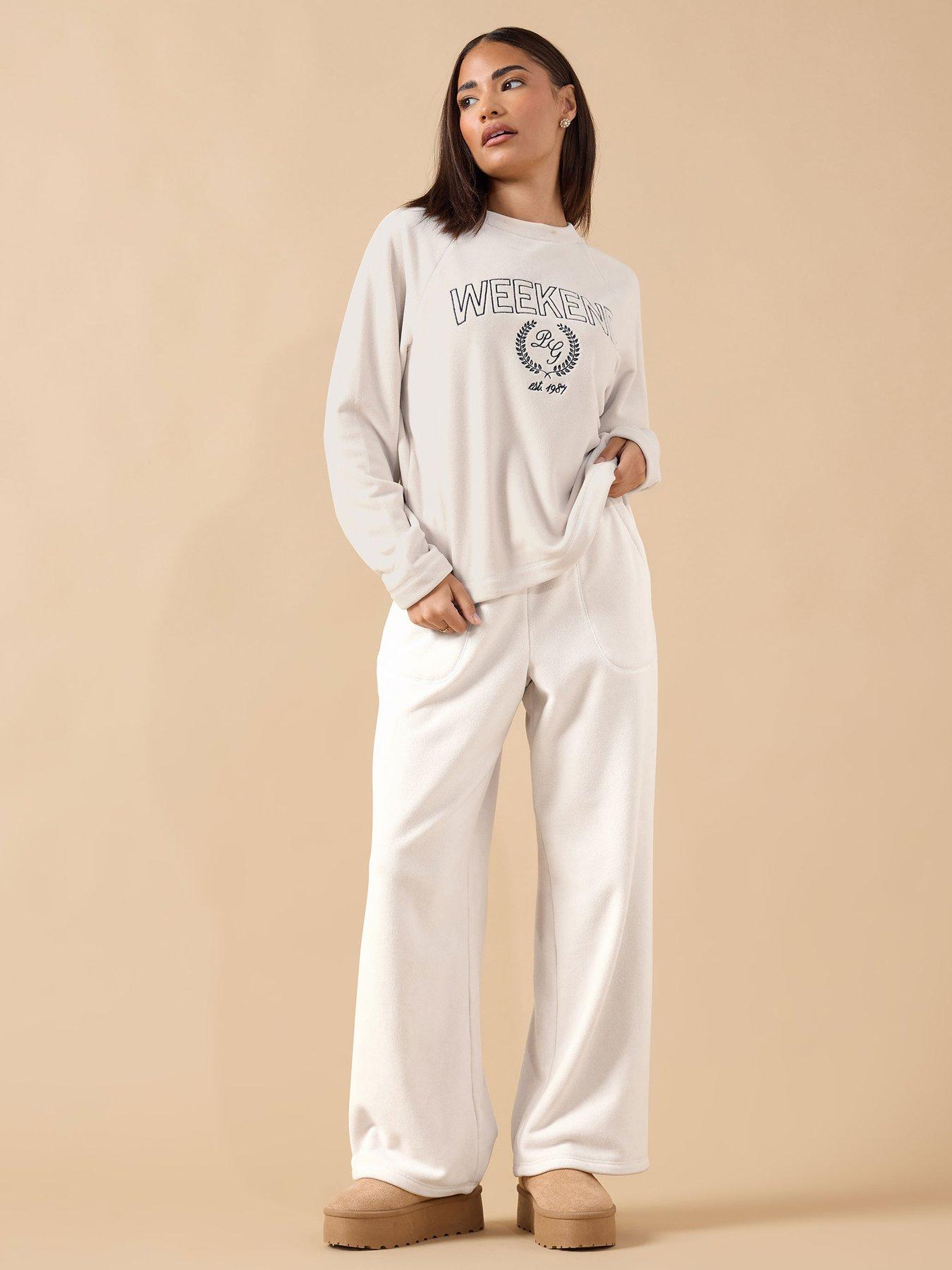 Image 3 of 5 of PixieGirl Petite Fleece Wide Leg Loung Trouser - Ivory