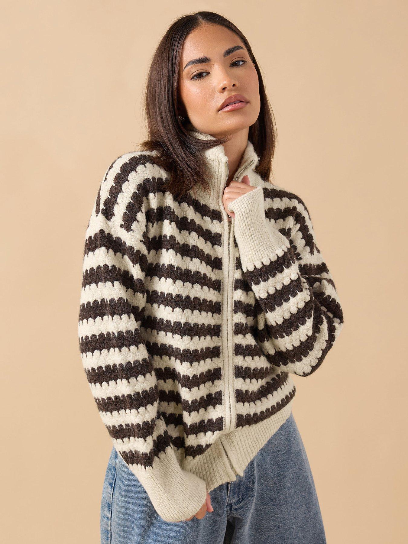 front image of pixiegirl-petite-scallop-stripe-zip-bomber-cardigan-brown