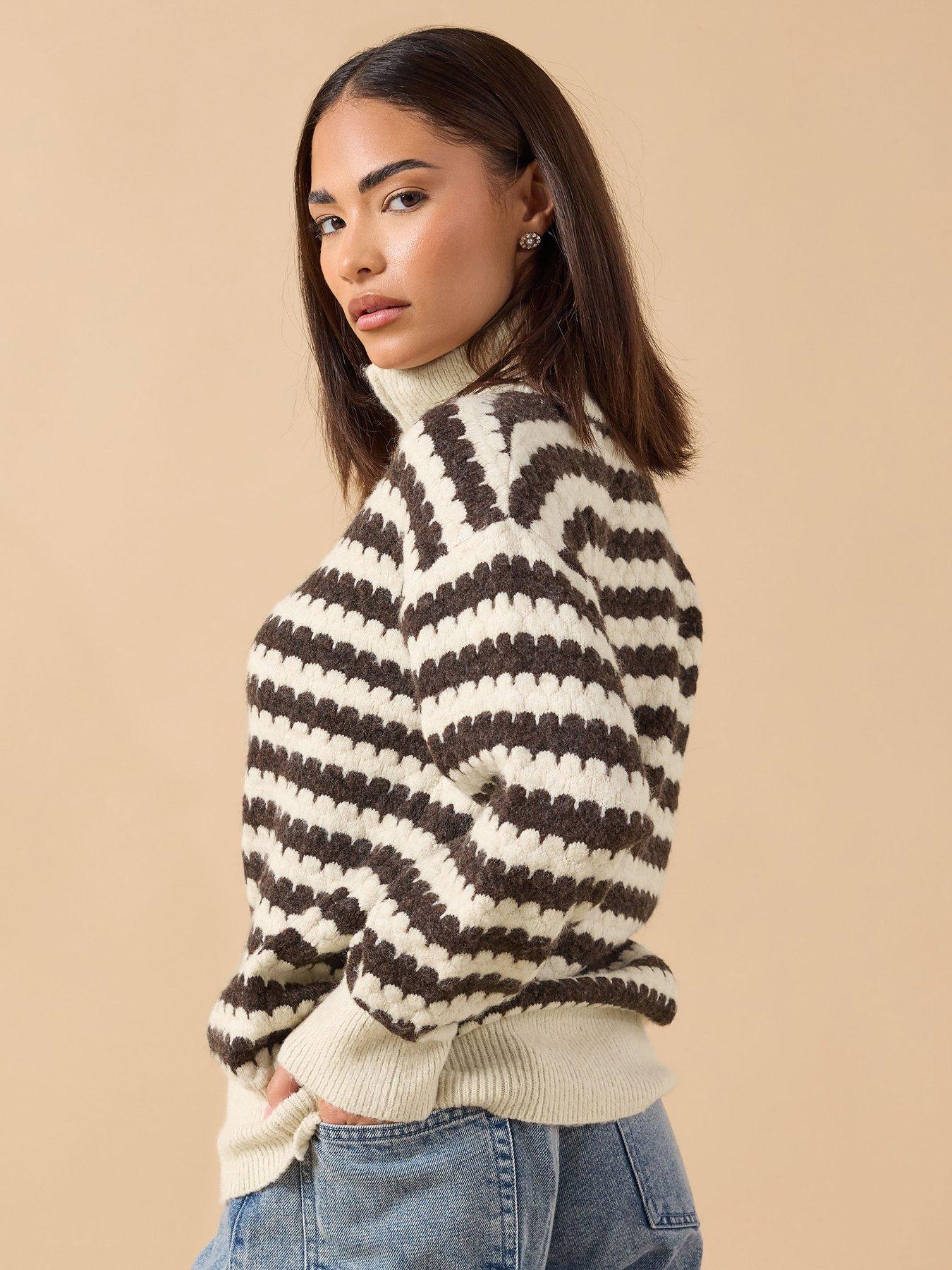 stillFront image of pixiegirl-petite-scallop-stripe-zip-bomber-cardigan-brown