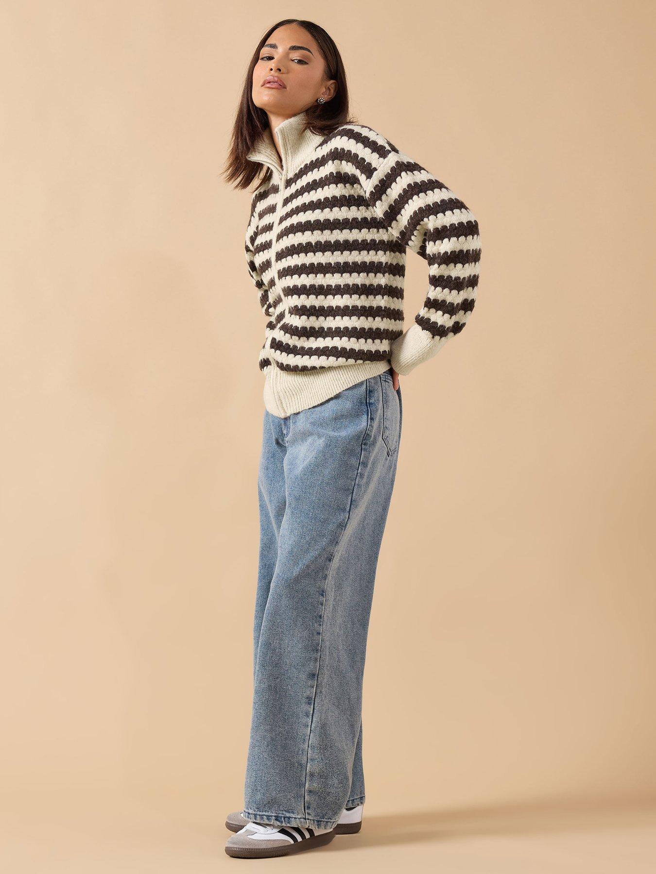  image of pixiegirl-petite-scallop-stripe-zip-bomber-cardigan-brown