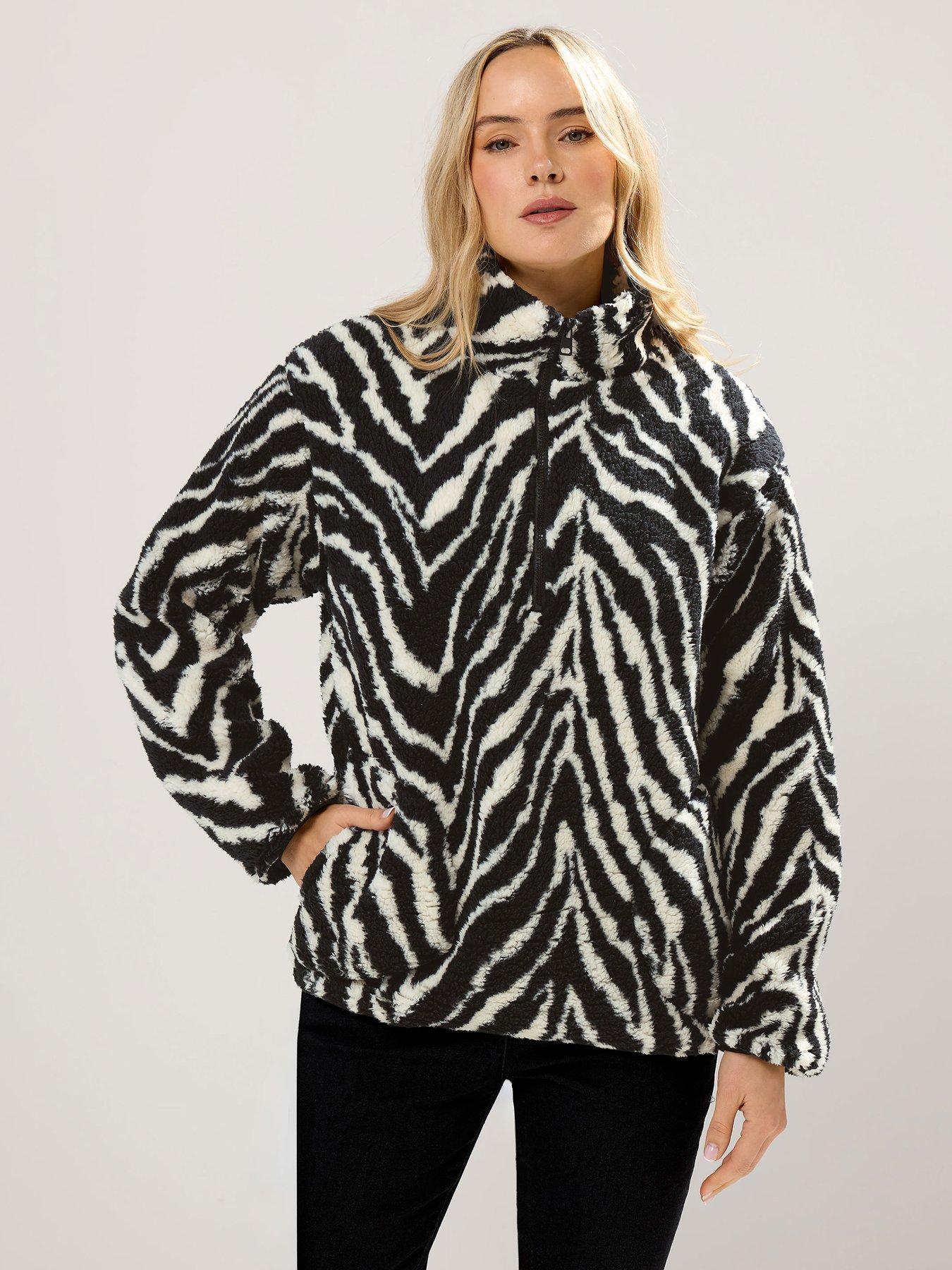 front image of long-tall-sally-zebra-print-half-zip-fleece-black