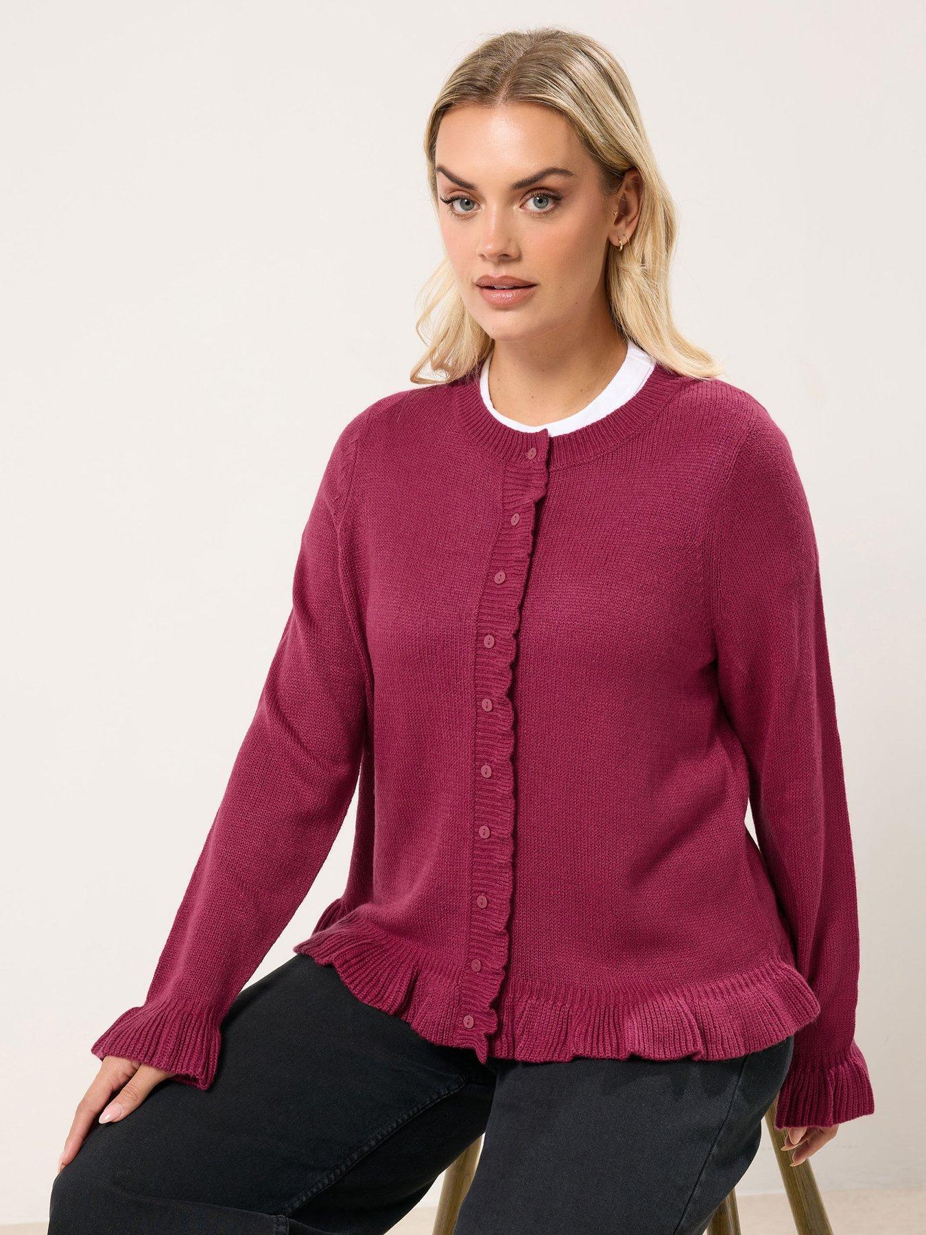 front image of yours-curve-frill-edge-cardigan-red