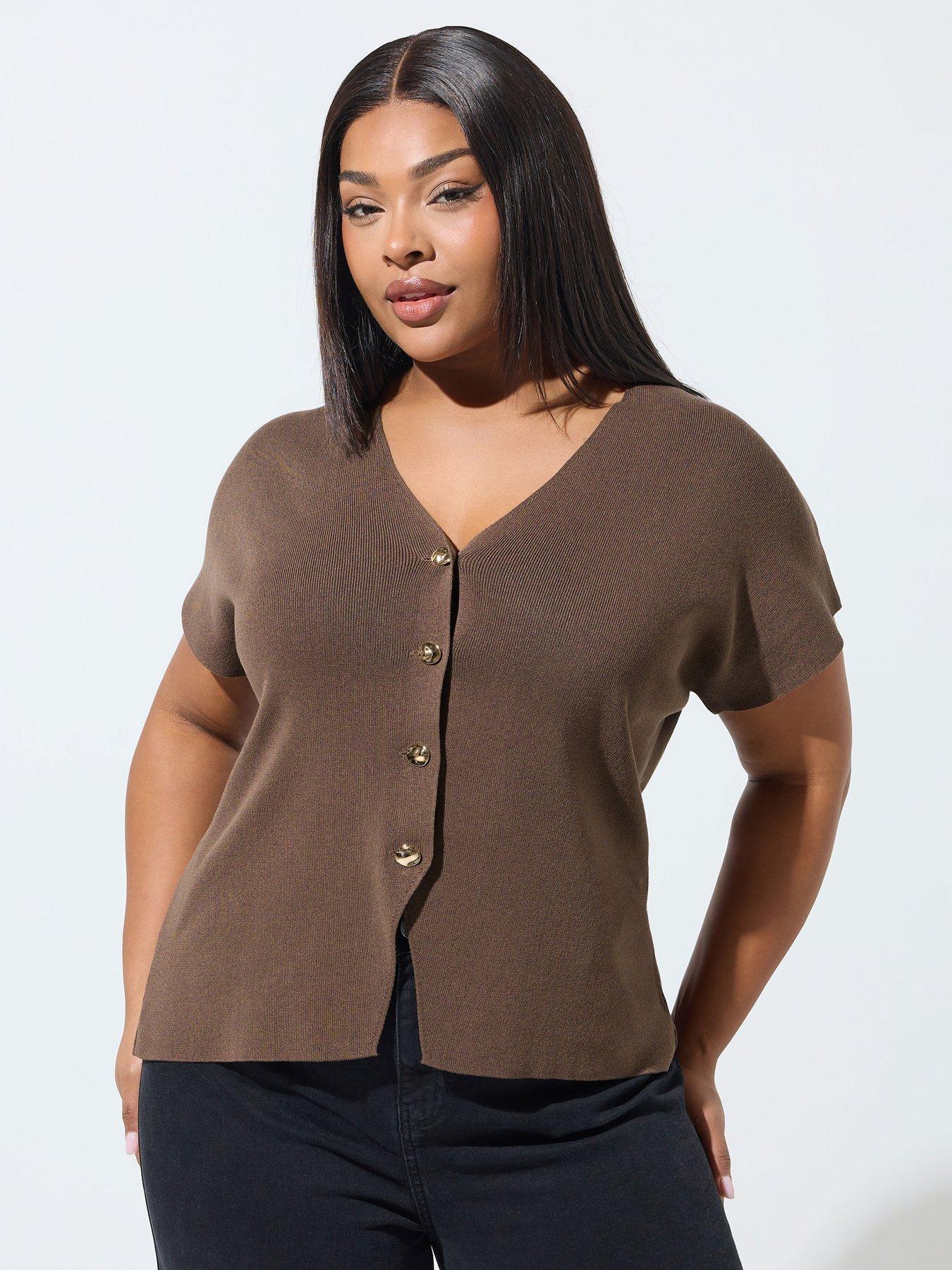 yours-curve-short-sleeve-knitted-top-brown