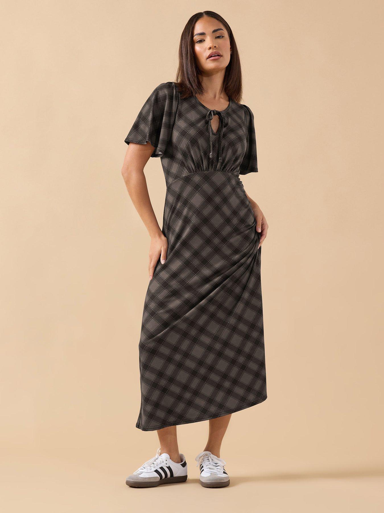 PixieGirl Petite Check Tie Front Midi Dress - Brown