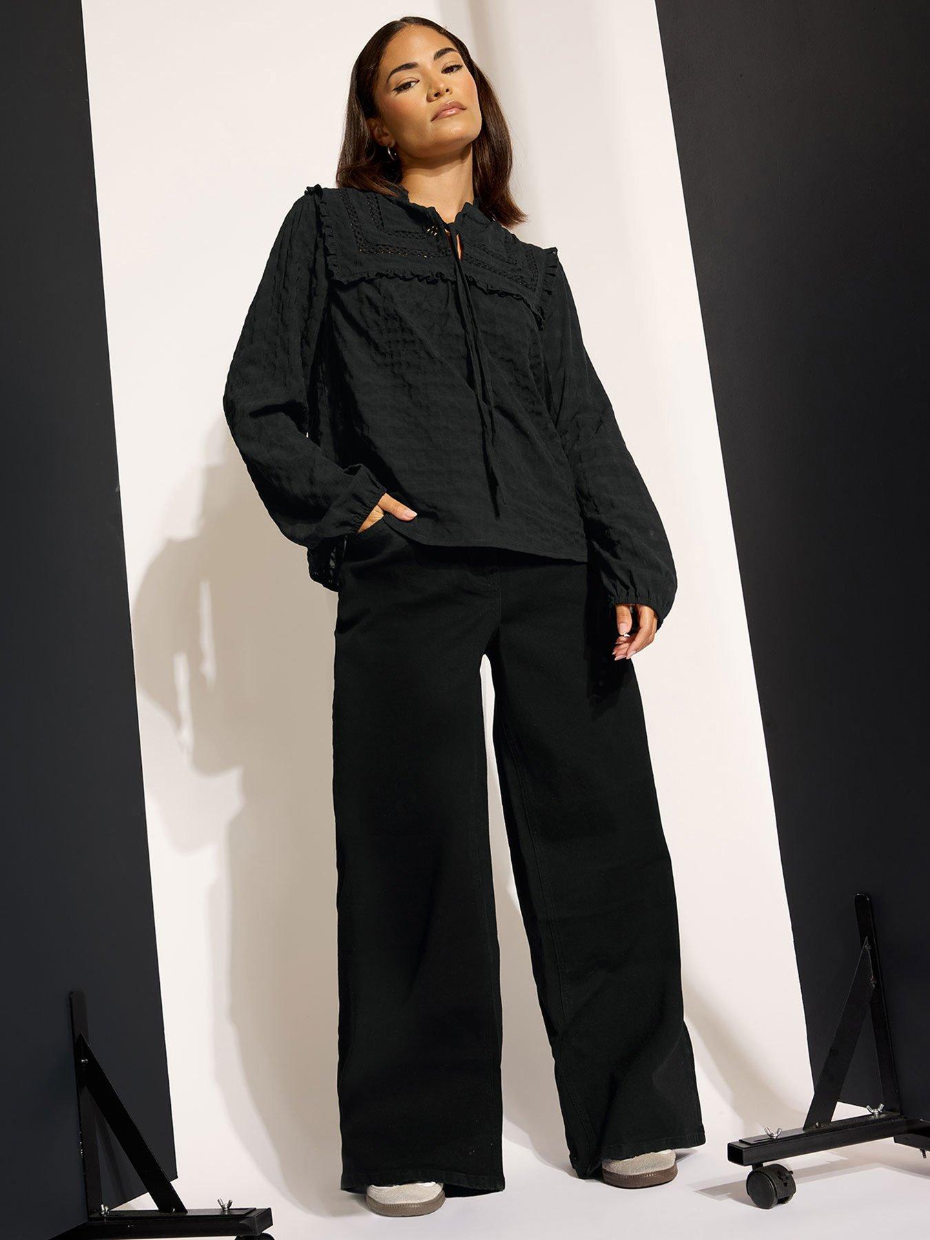  image of pixiegirl-petite-tie-neck-crinkle-crochet-top-black