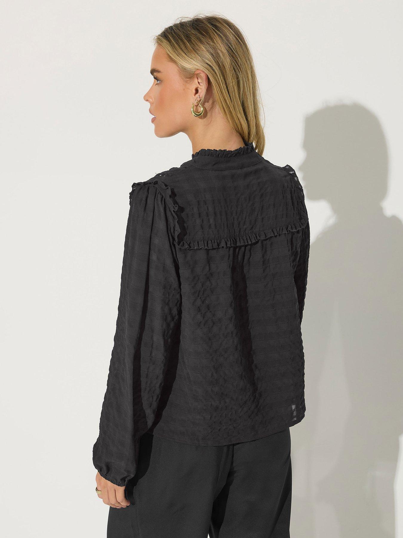  image of pixiegirl-petite-tie-neck-crinkle-crochet-top-black