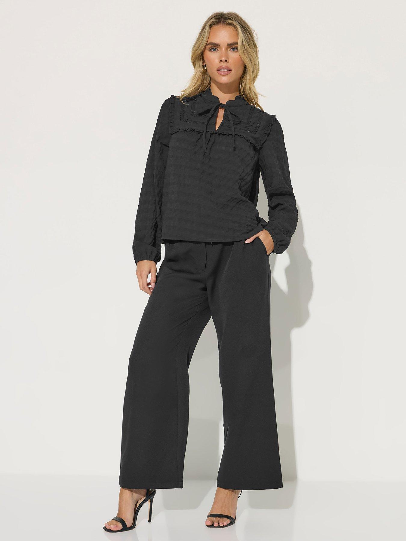  image of pixiegirl-petite-tie-neck-crinkle-crochet-top-black