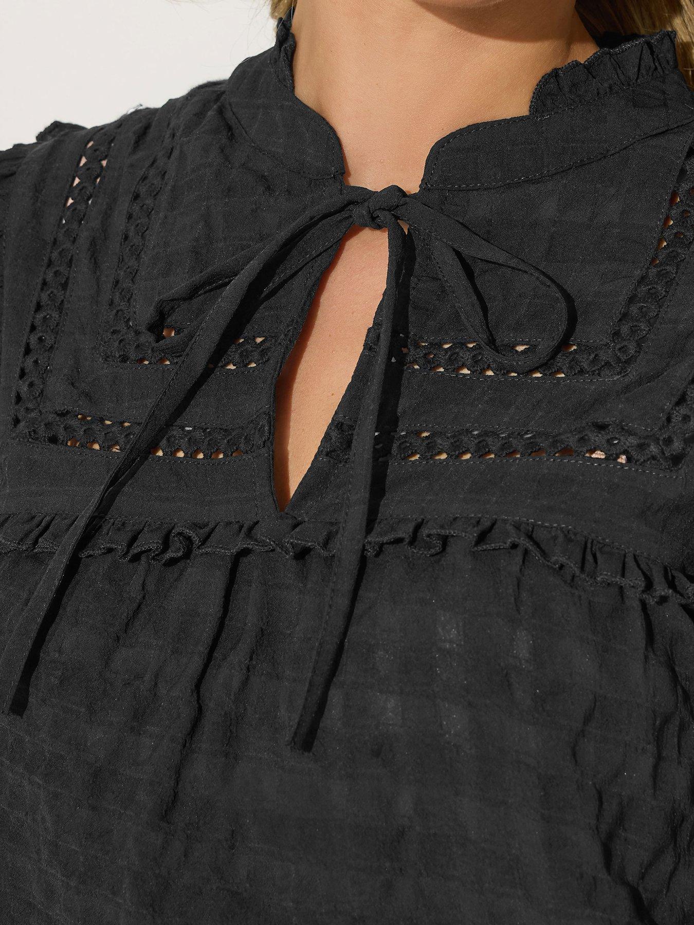  image of pixiegirl-petite-tie-neck-crinkle-crochet-top-black