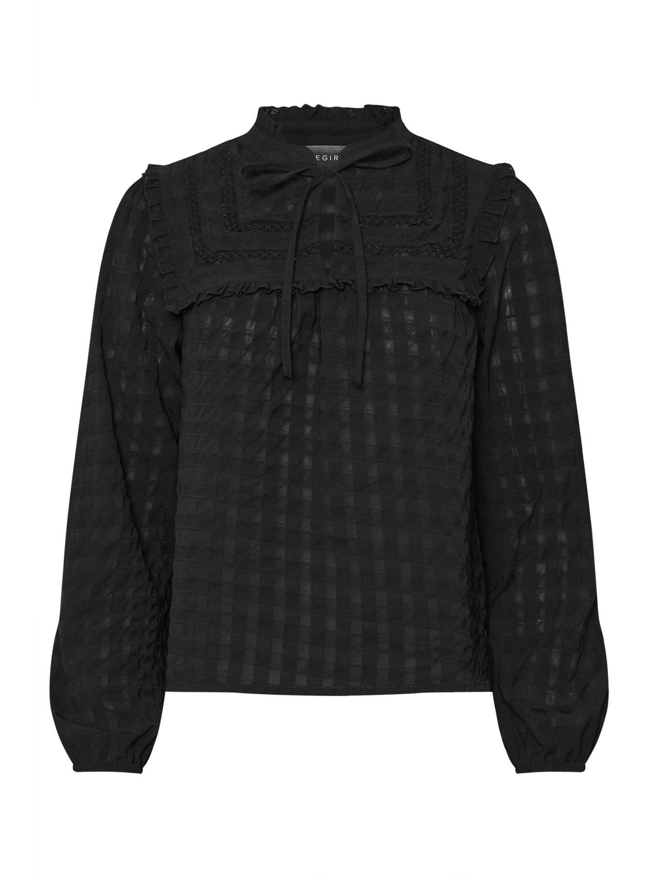  image of pixiegirl-petite-tie-neck-crinkle-crochet-top-black