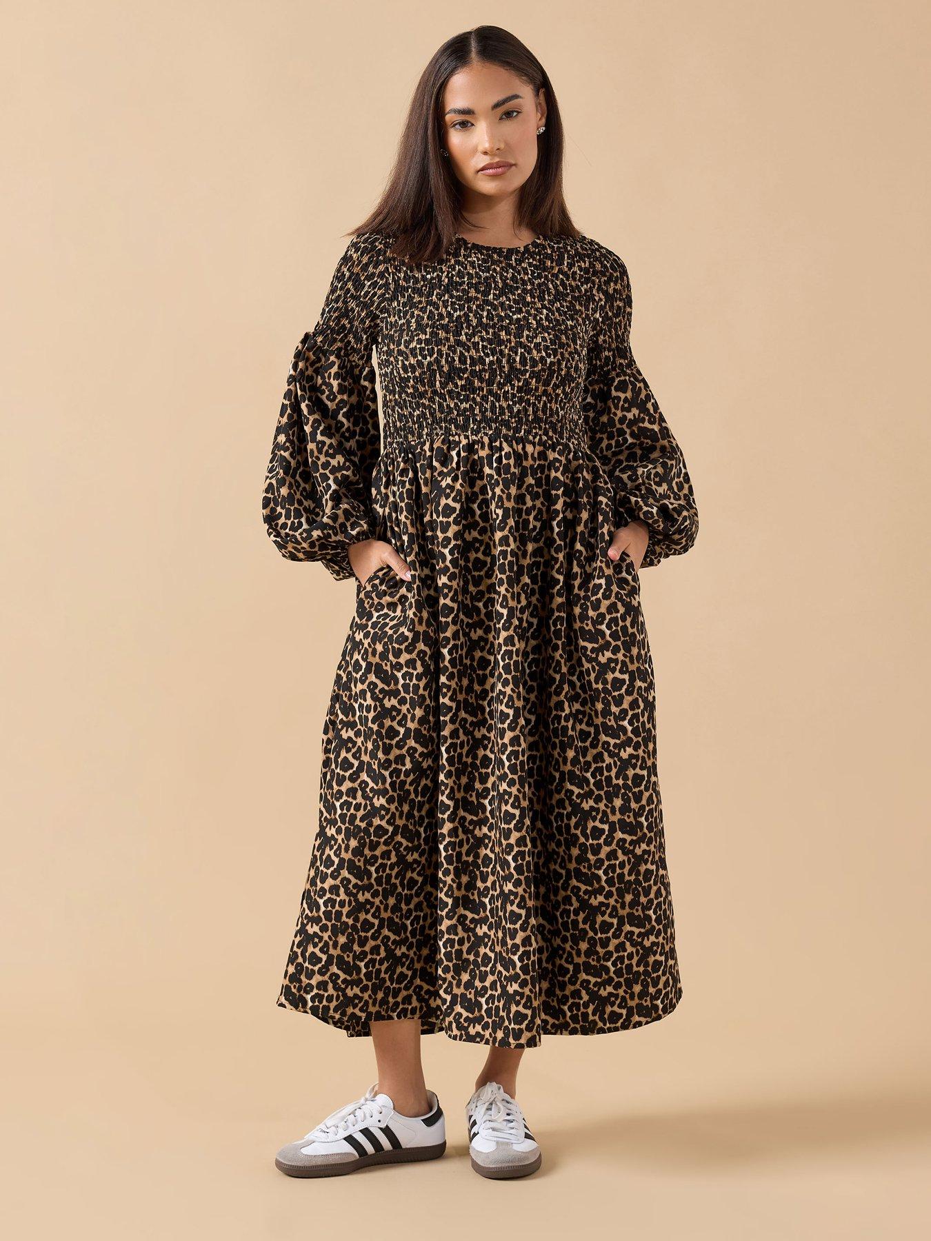  image of pixiegirl-petite-animal-puff-sleeve-shirred-maxi-dress-brown