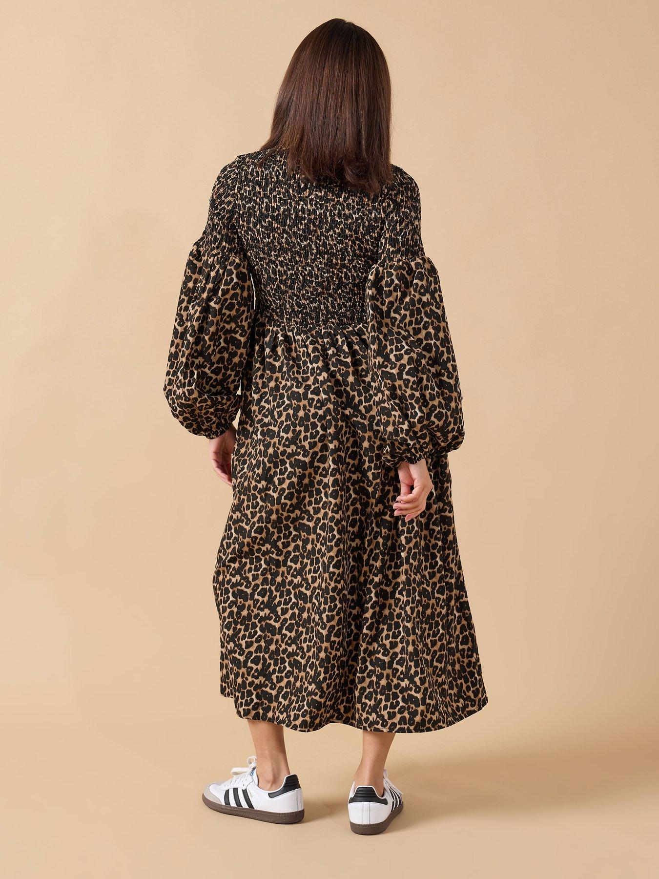  image of pixiegirl-petite-animal-puff-sleeve-shirred-maxi-dress-brown