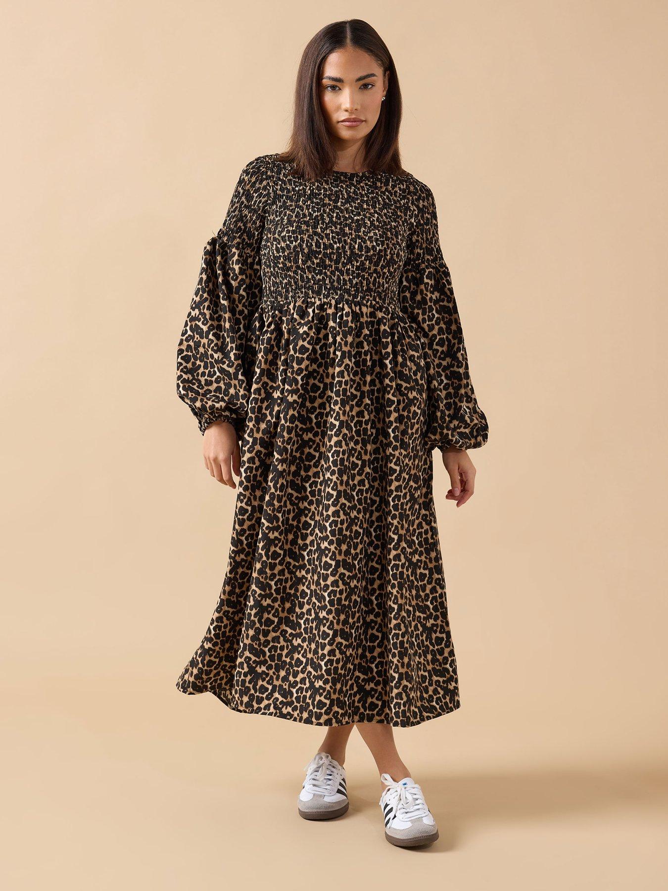  image of pixiegirl-petite-animal-puff-sleeve-shirred-maxi-dress-brown
