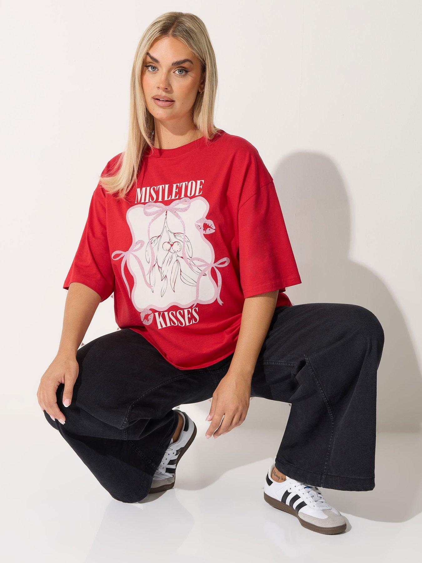 Yours Curve Mistletoe Kisses T-Shirt - Red