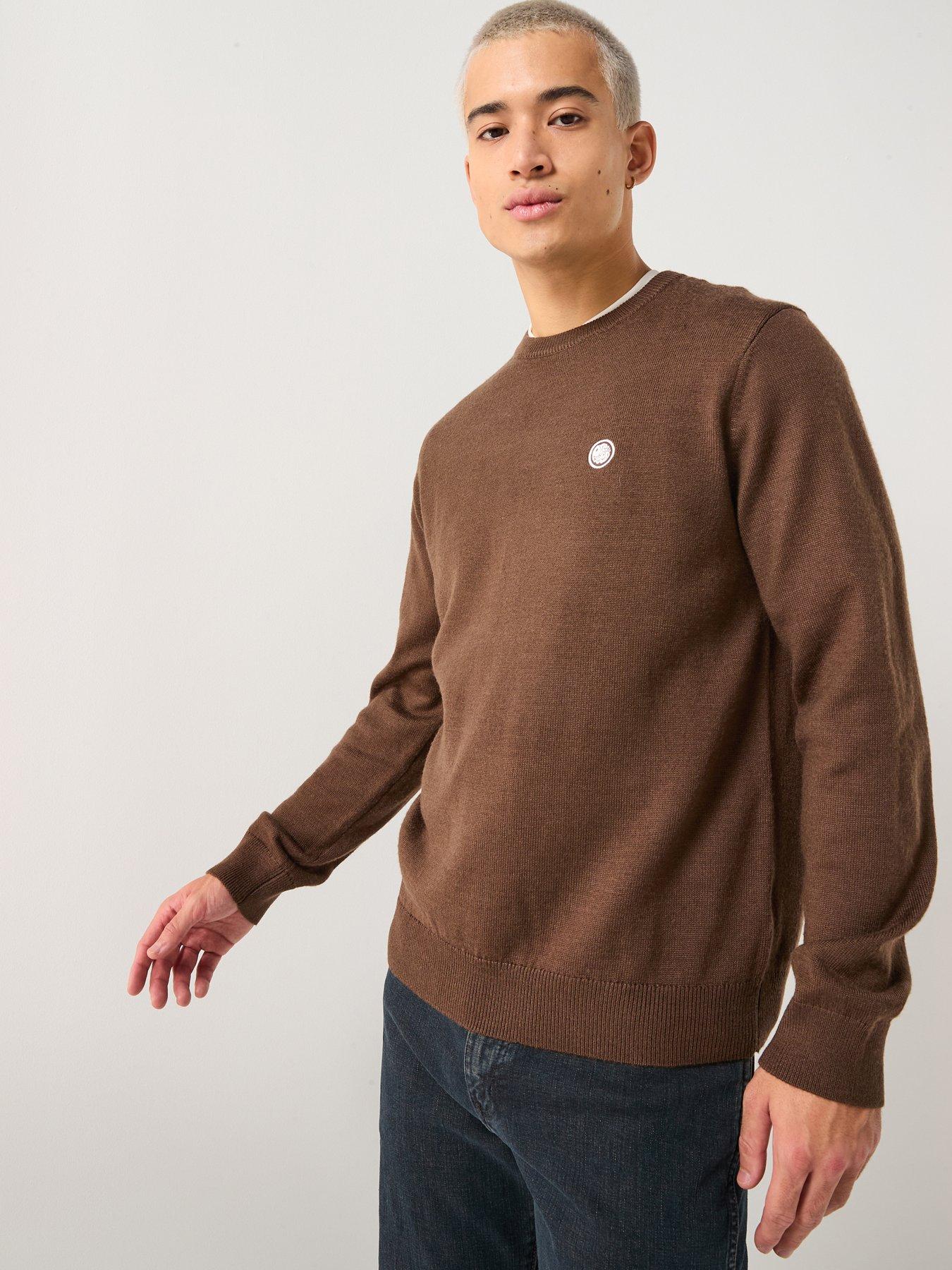  image of pretty-green-tipped-crew-knitted-jumper-brown