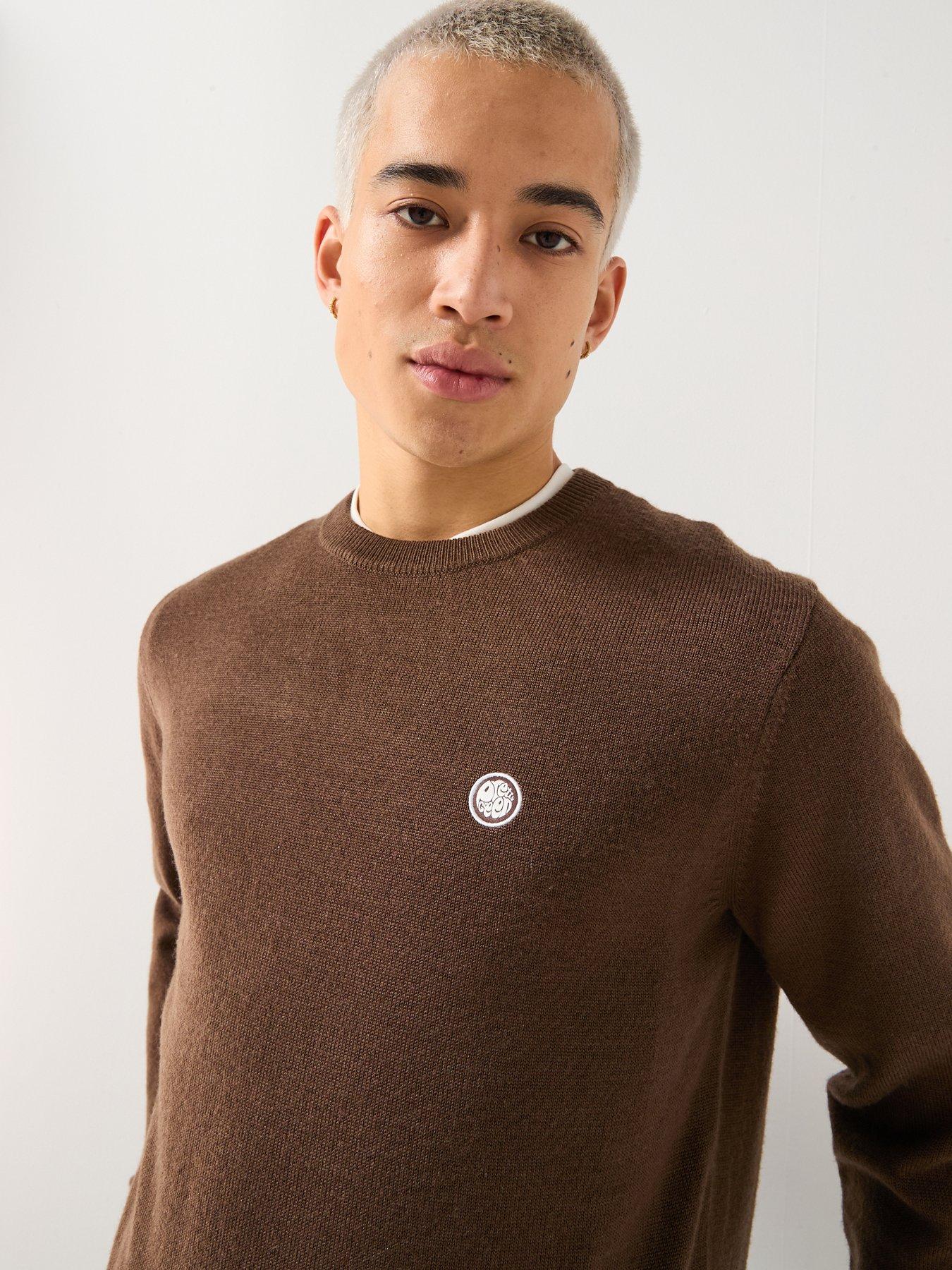  image of pretty-green-tipped-crew-knitted-jumper-brown