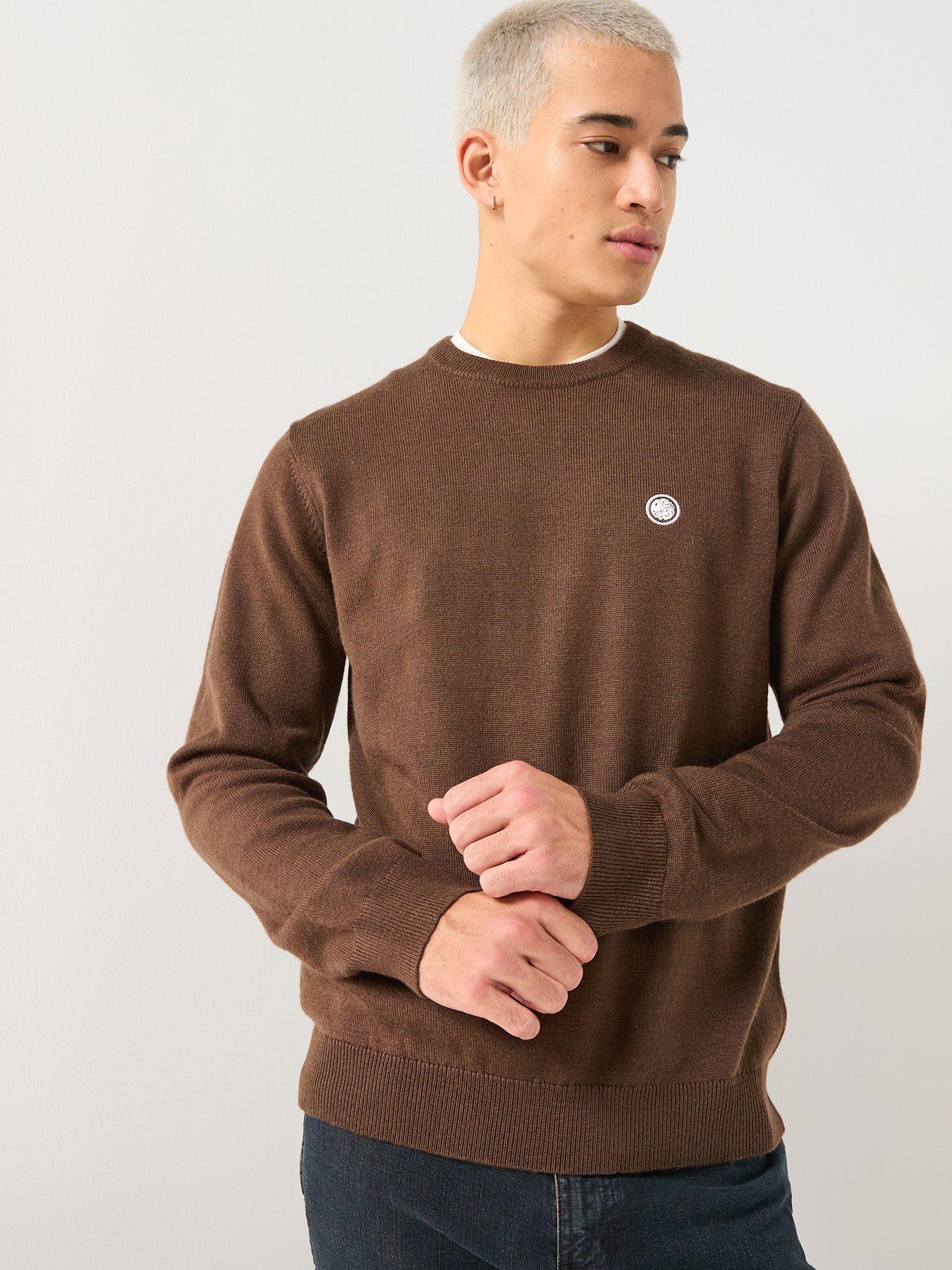  image of pretty-green-tipped-crew-knitted-jumper-brown